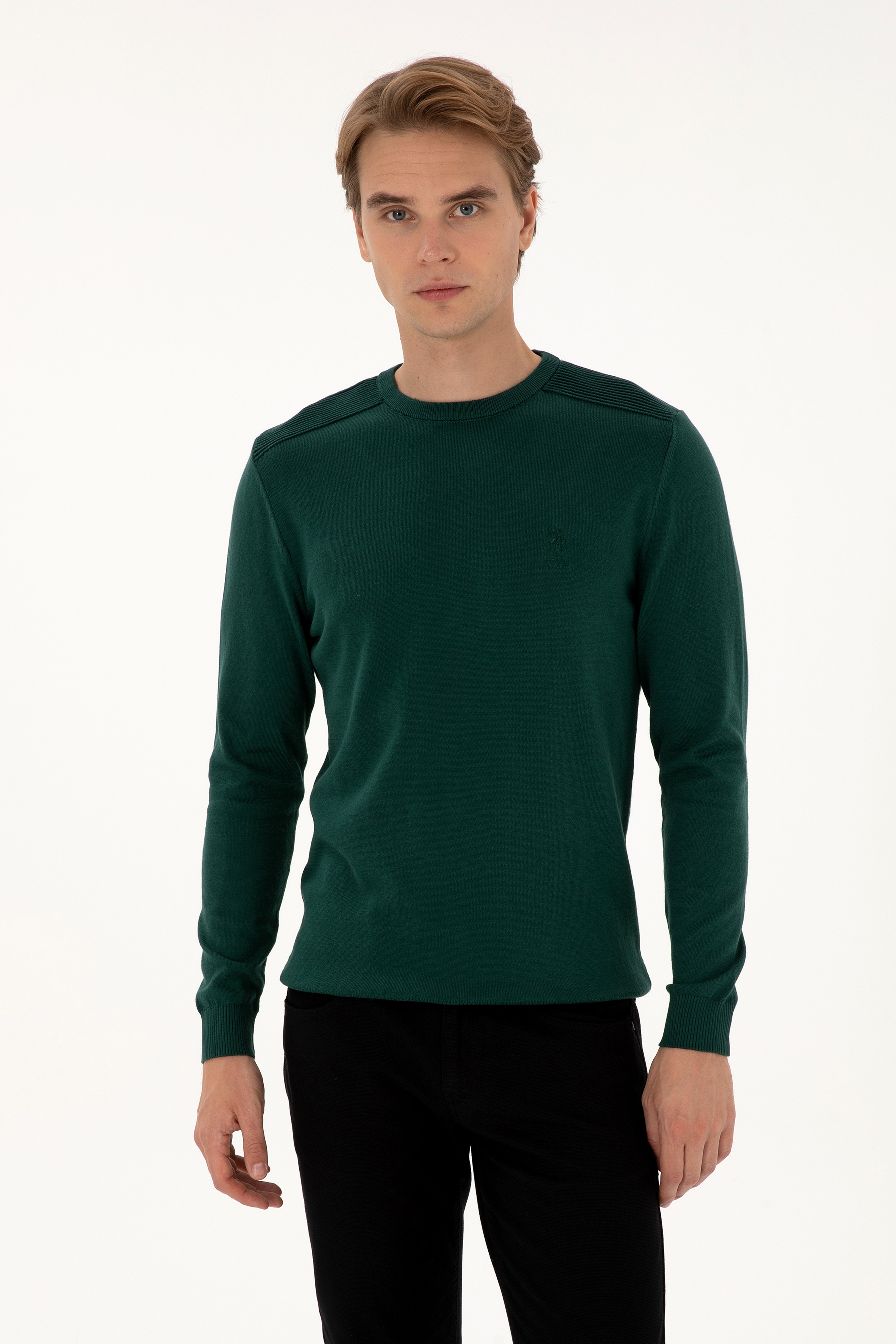 Erkek Slim Fit Bisiklet Yaka Yeşil Basic Kazak - Image 1