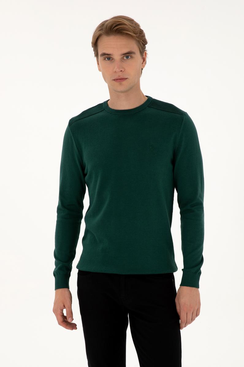 Erkek Slim Fit Bisiklet Yaka Yeşil Basic Kazak