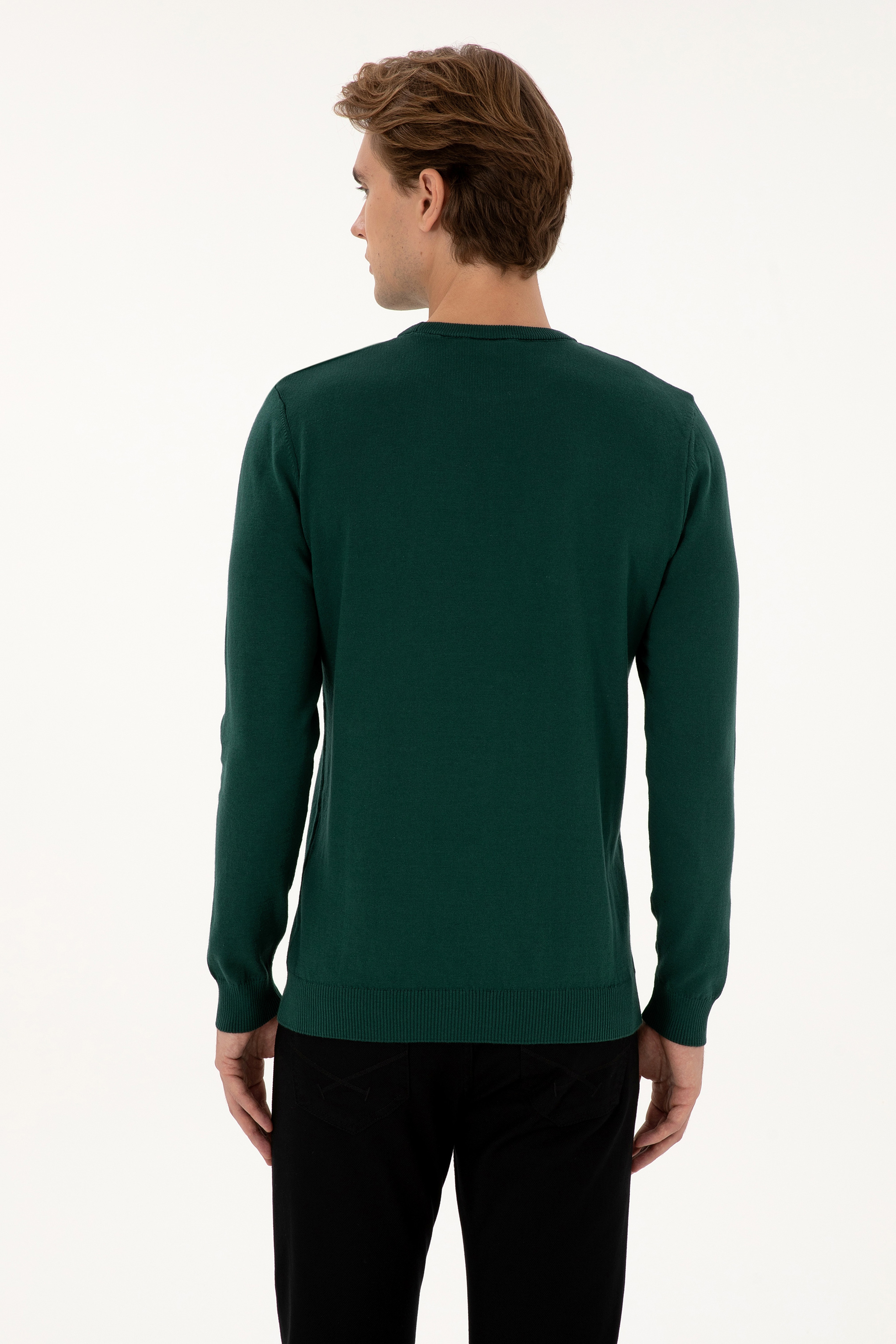 Erkek Slim Fit Bisiklet Yaka Yeşil Basic Kazak