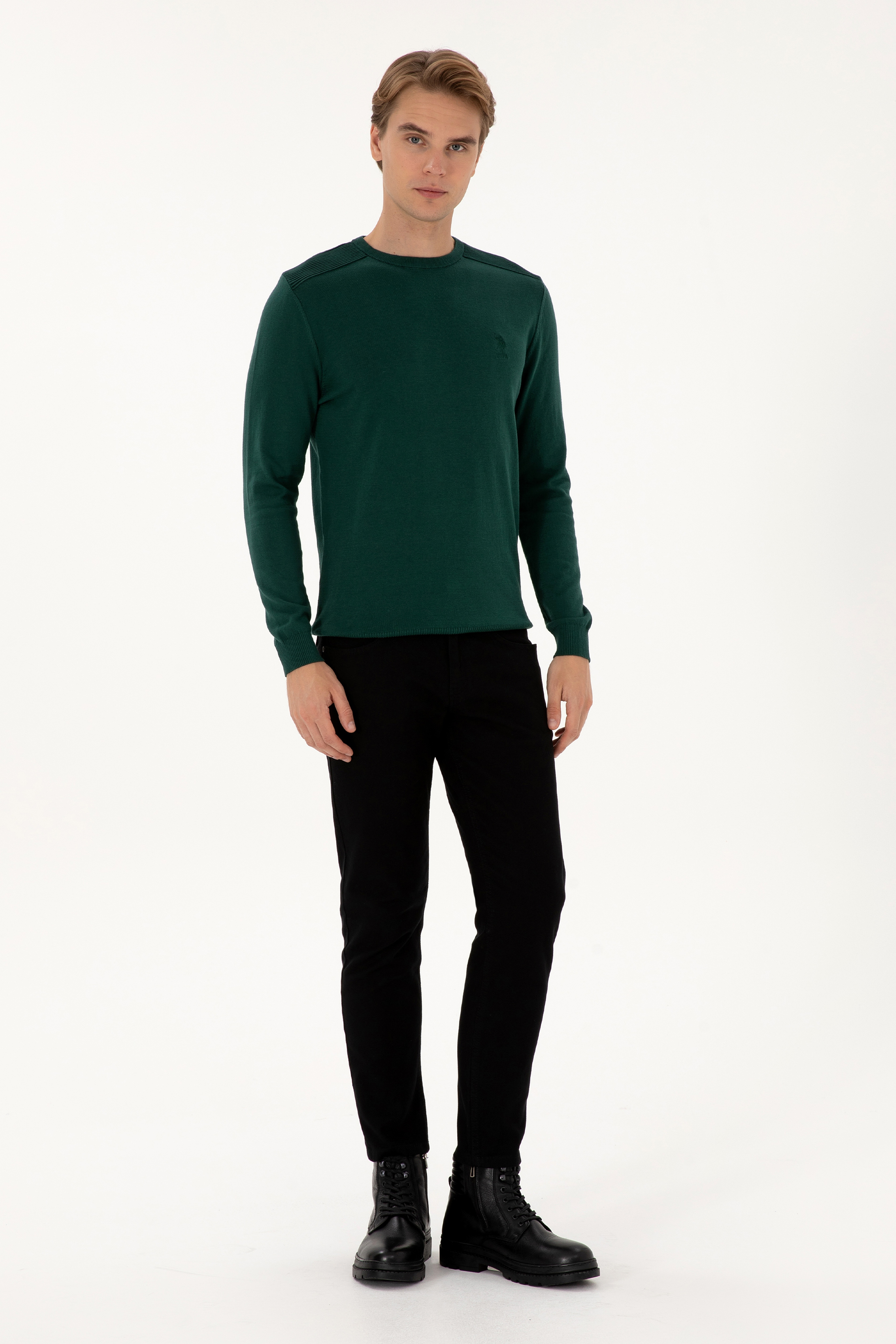 Erkek Slim Fit Bisiklet Yaka Yeşil Basic Kazak - Image 4