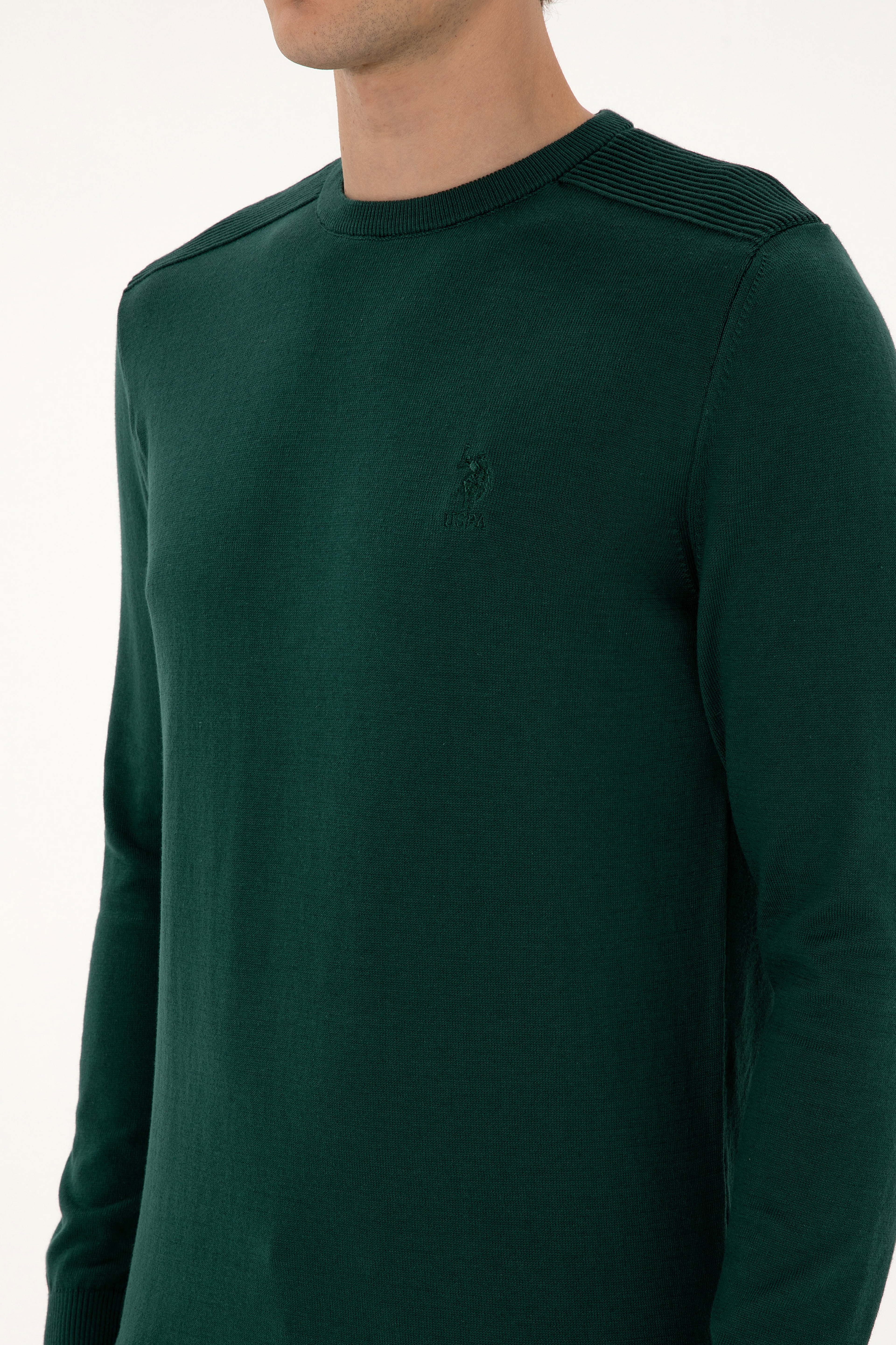 Erkek Slim Fit Bisiklet Yaka Yeşil Basic Kazak - Image 7