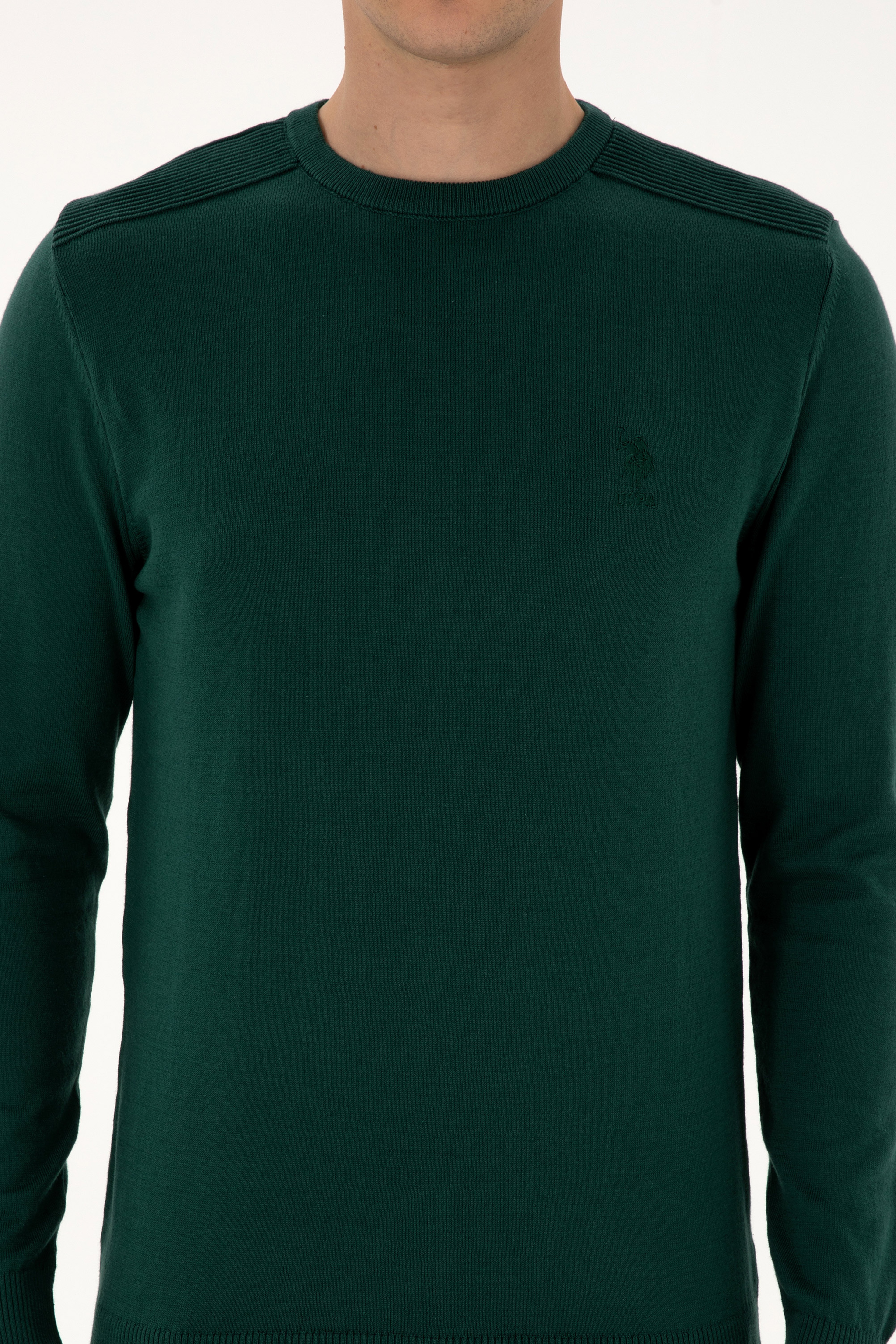 Erkek Slim Fit Bisiklet Yaka Yeşil Basic Kazak - Image 6