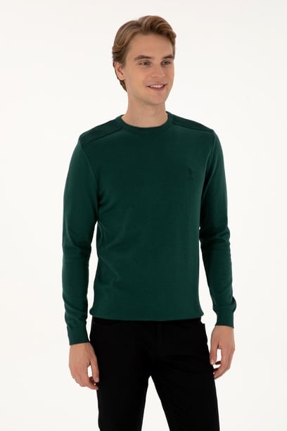 Erkek Slim Fit Bisiklet Yaka Yeşil Basic Kazak