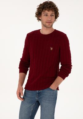 Erkek Slim Fit Bisiklet Yaka Desenli Bordo Kazak - 50307836033