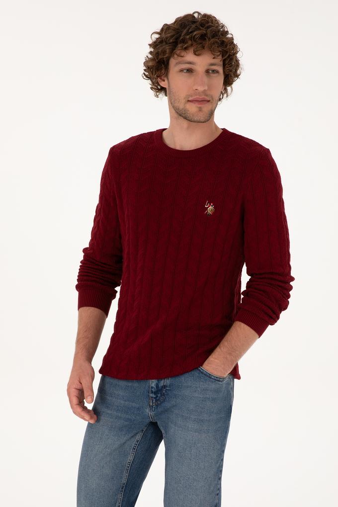 Erkek Slim Fit Bisiklet Yaka Desenli Bordo Kazak