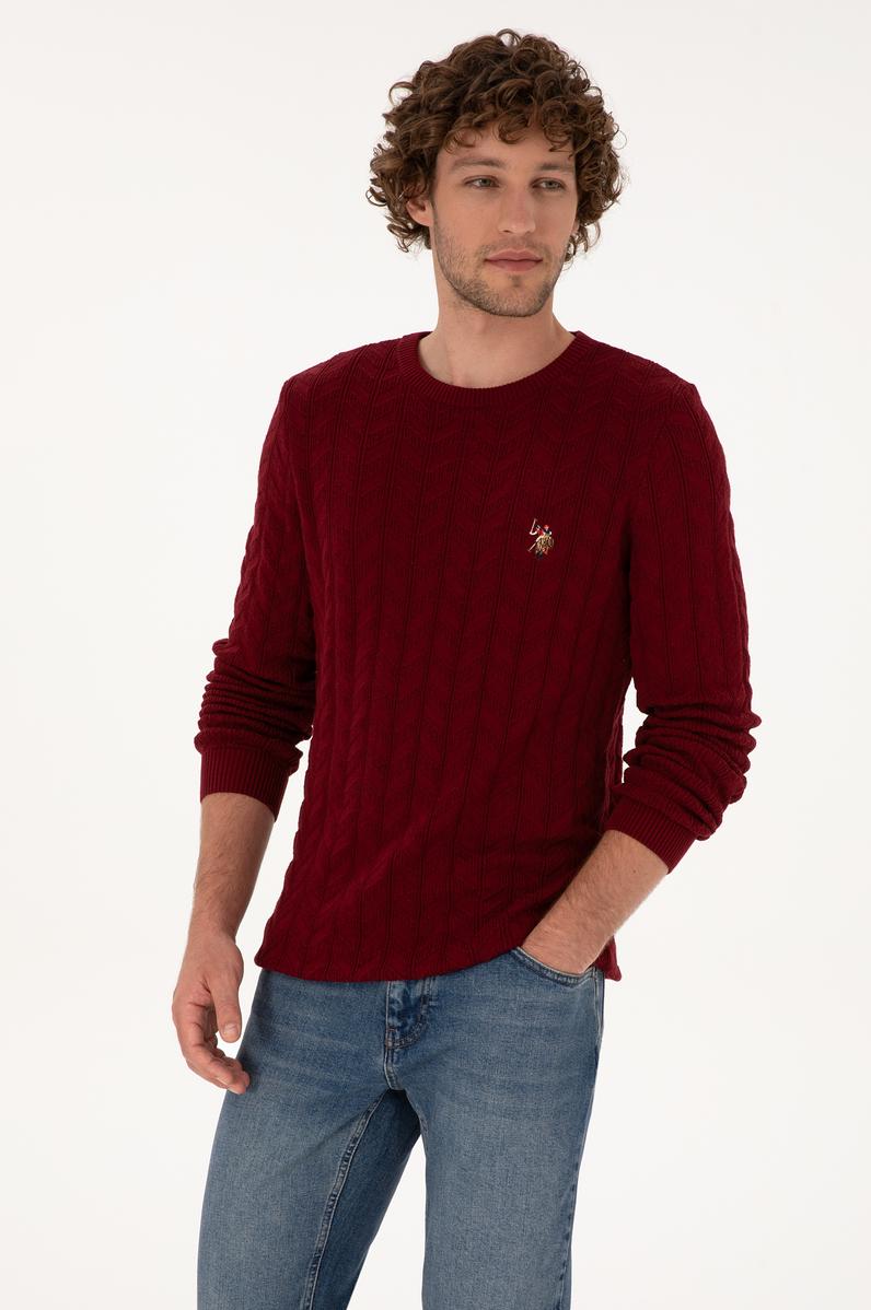 Erkek Slim Fit Bisiklet Yaka Desenli Bordo Kazak