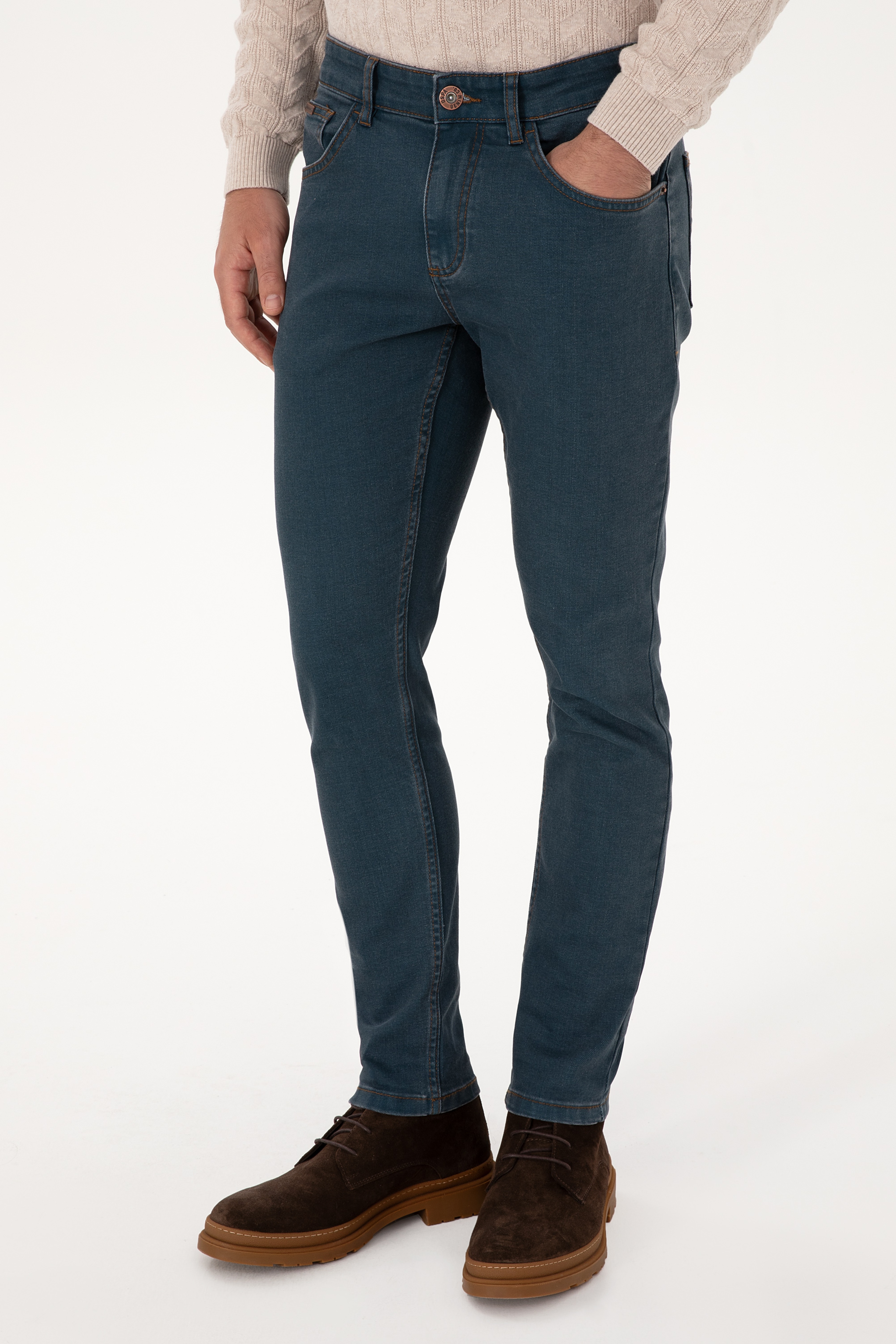 Erkek Koyu Mavi Slim Fit Petrol Jean Pantolon - Image 2