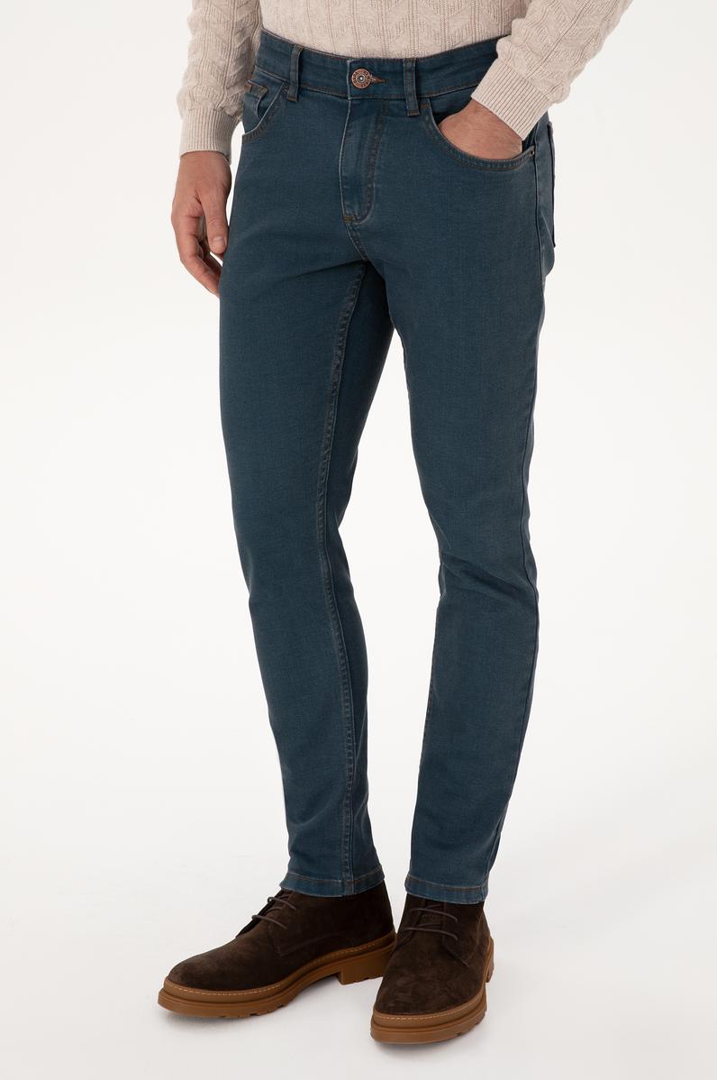 Erkek Koyu Mavi Slim Fit Petrol Jean Pantolon