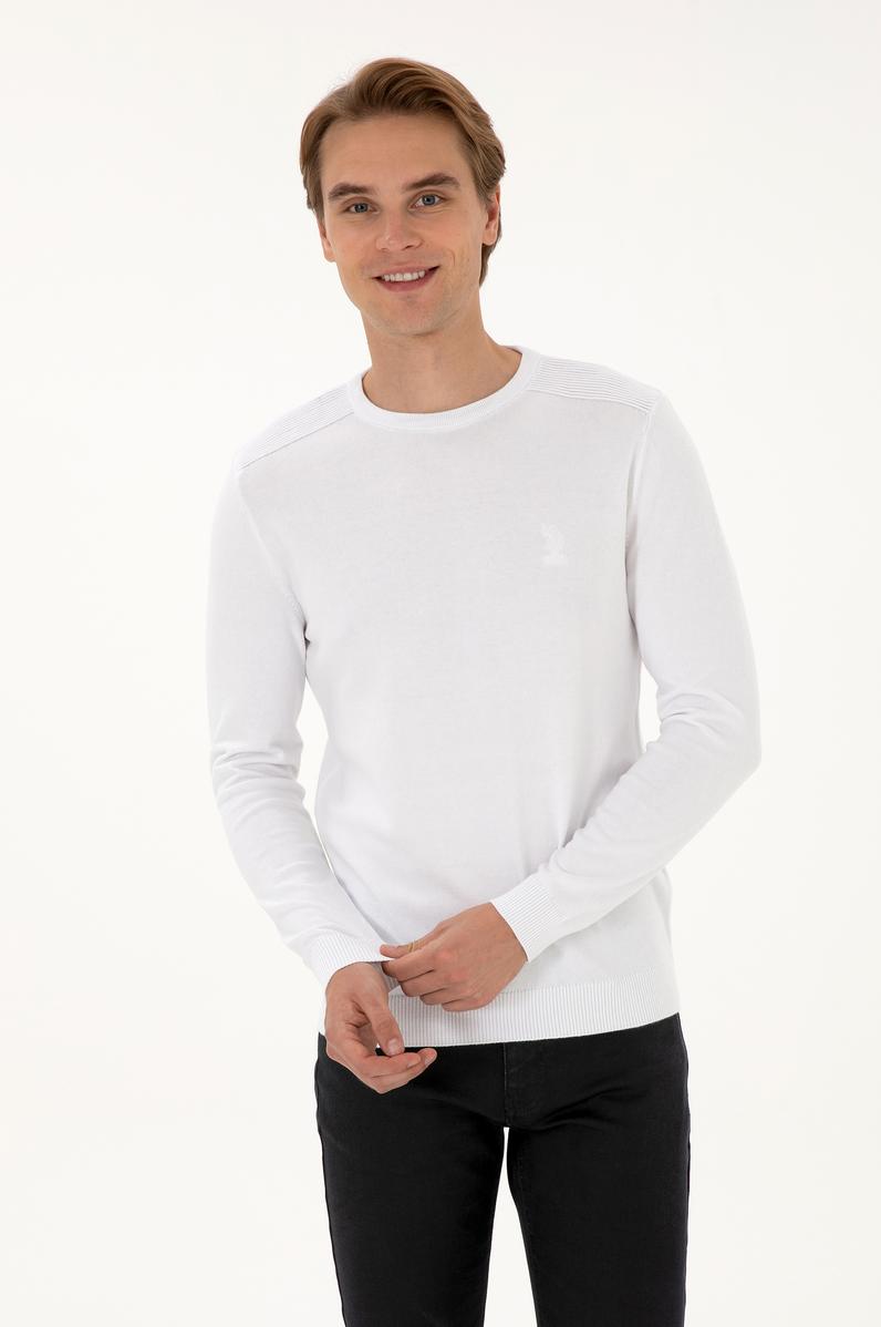 Erkek Slim Fit Bisiklet Yaka Beyaz Basic Kazak