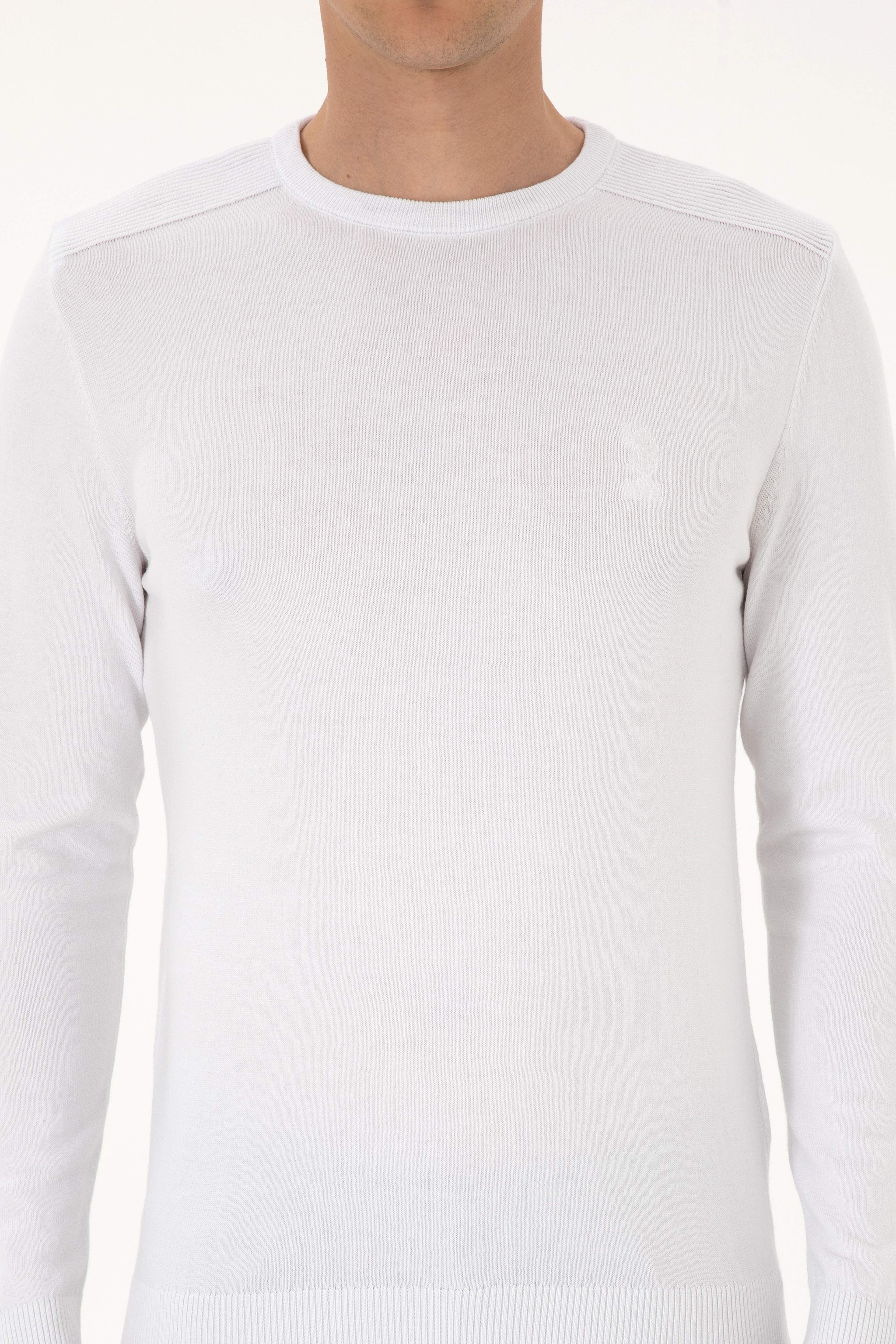 Erkek Slim Fit Bisiklet Yaka Beyaz Basic Kazak - Image 6