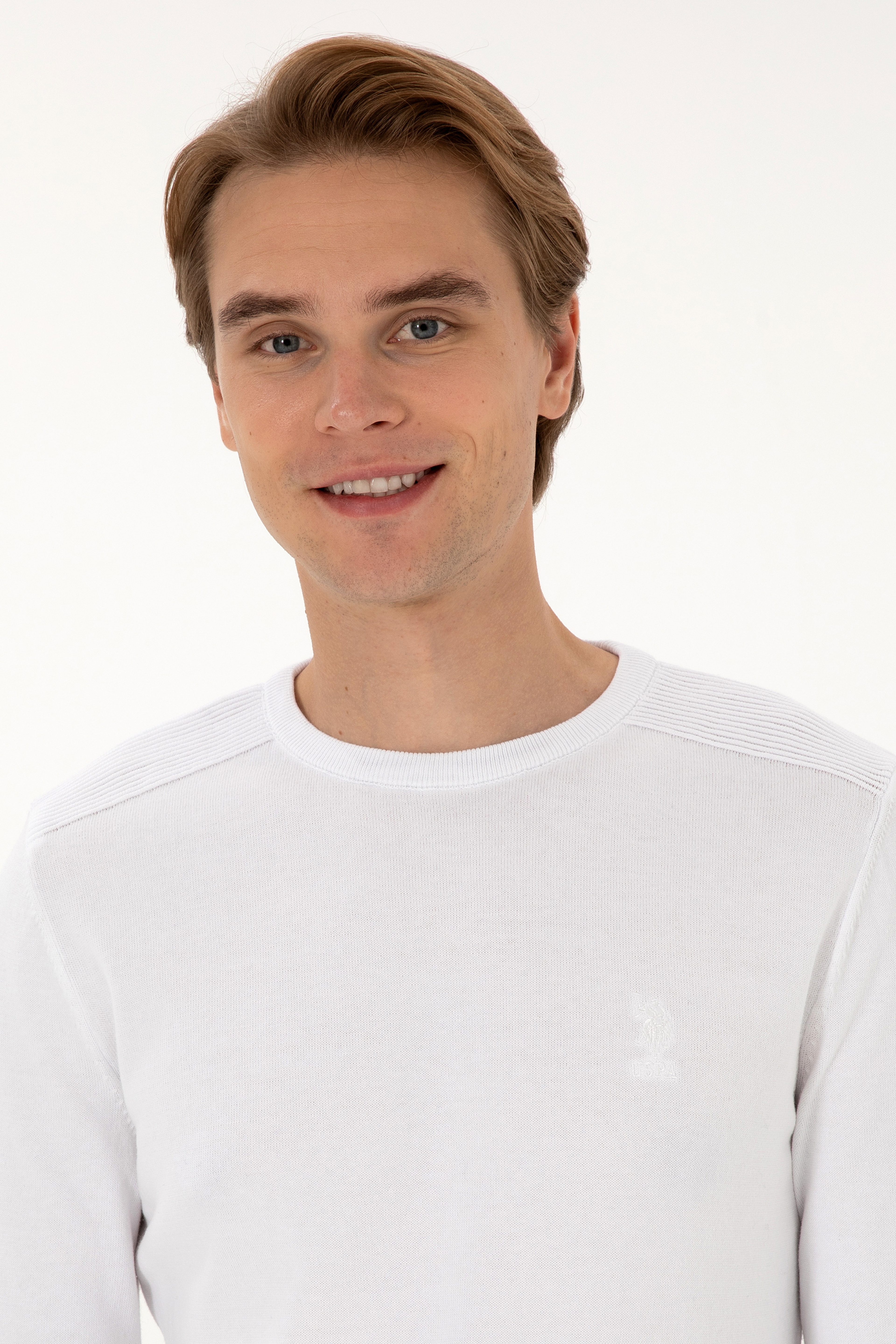 Erkek Slim Fit Bisiklet Yaka Beyaz Basic Kazak - Image 2