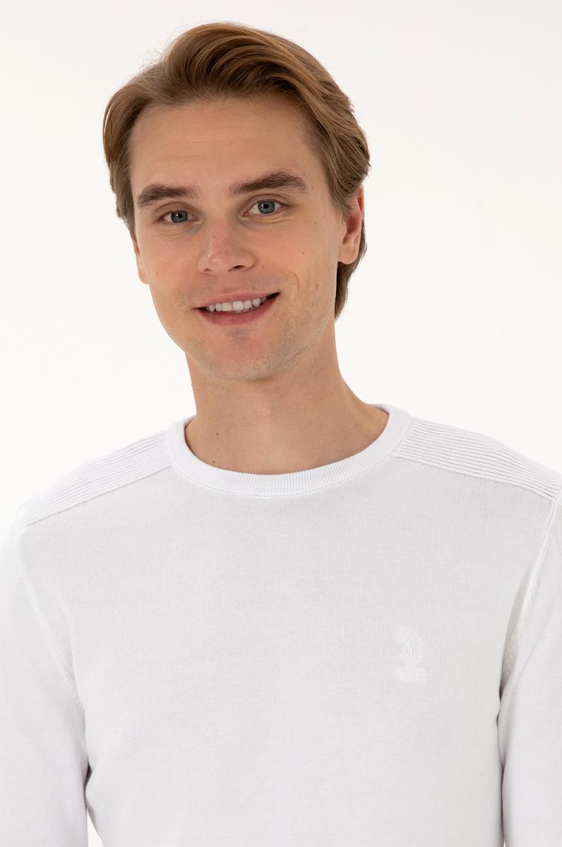 Erkek Slim Fit Bisiklet Yaka Beyaz Basic Kazak