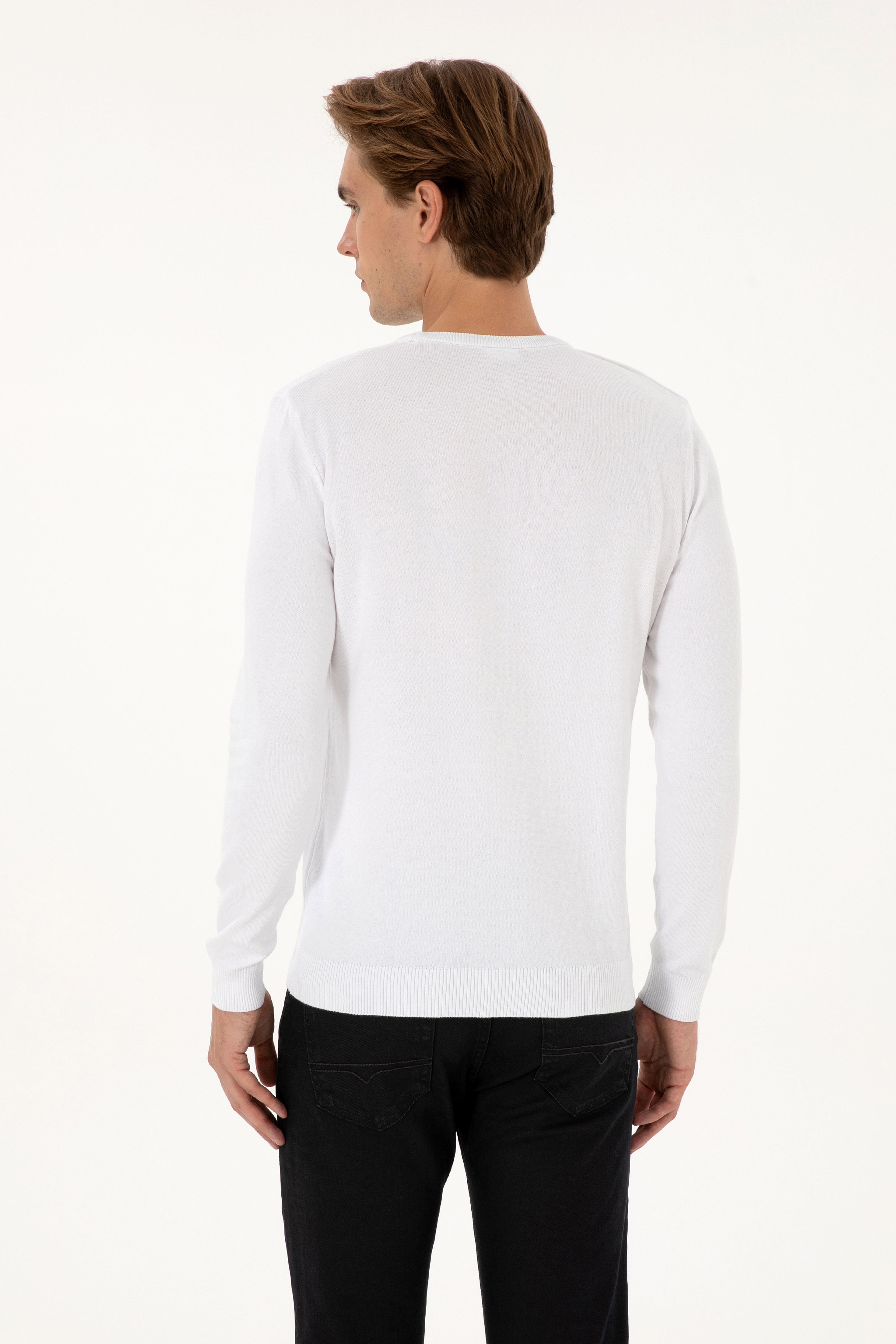 Erkek Slim Fit Bisiklet Yaka Beyaz Basic Kazak - Image 5