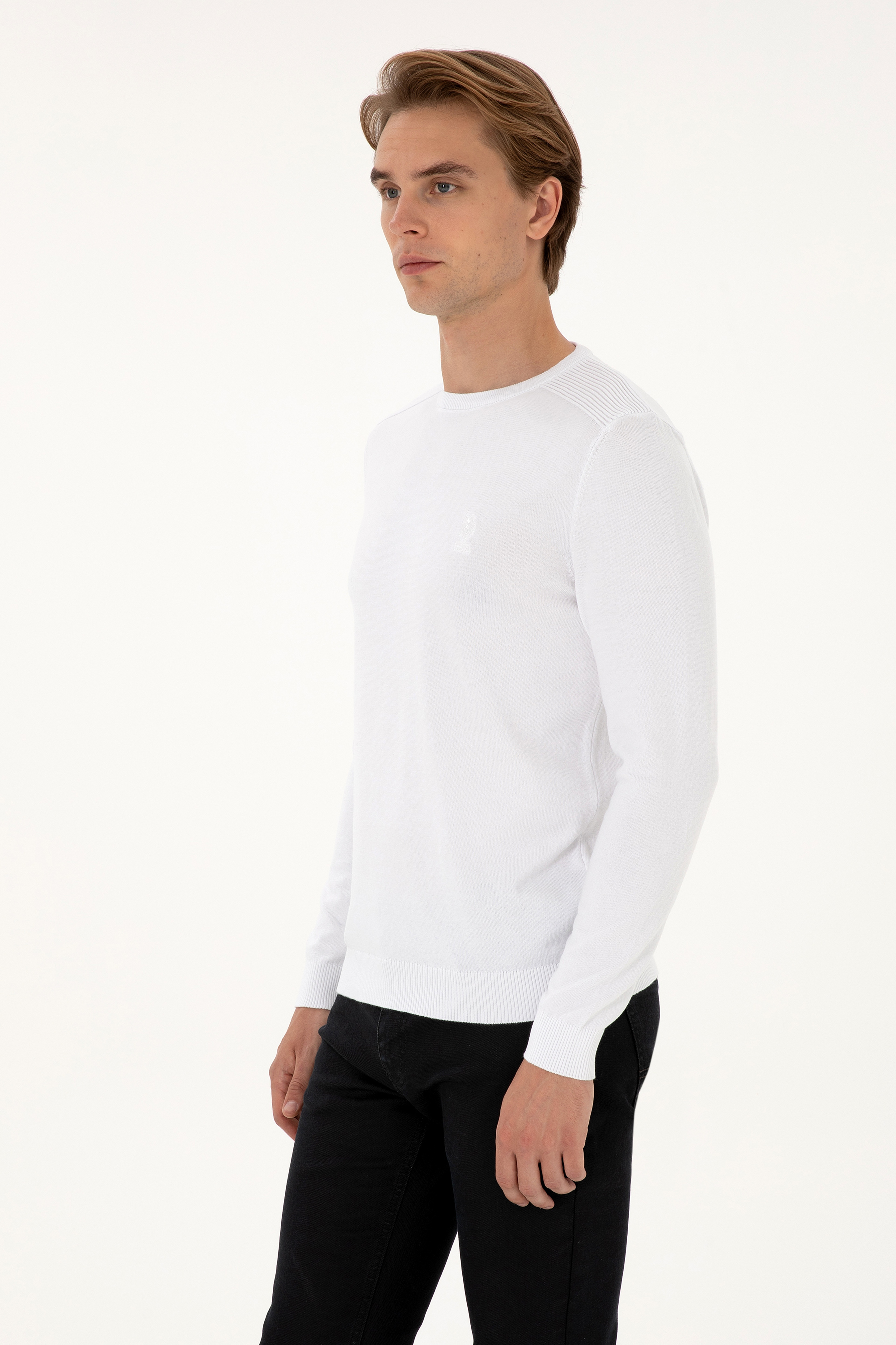Erkek Slim Fit Bisiklet Yaka Beyaz Basic Kazak - Image 3