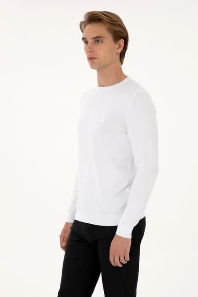 Erkek Slim Fit Bisiklet Yaka Beyaz Basic Kazak