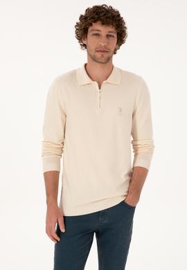 Erkek Slim Fit Fermuarlı Krem Kazak - 50308569023