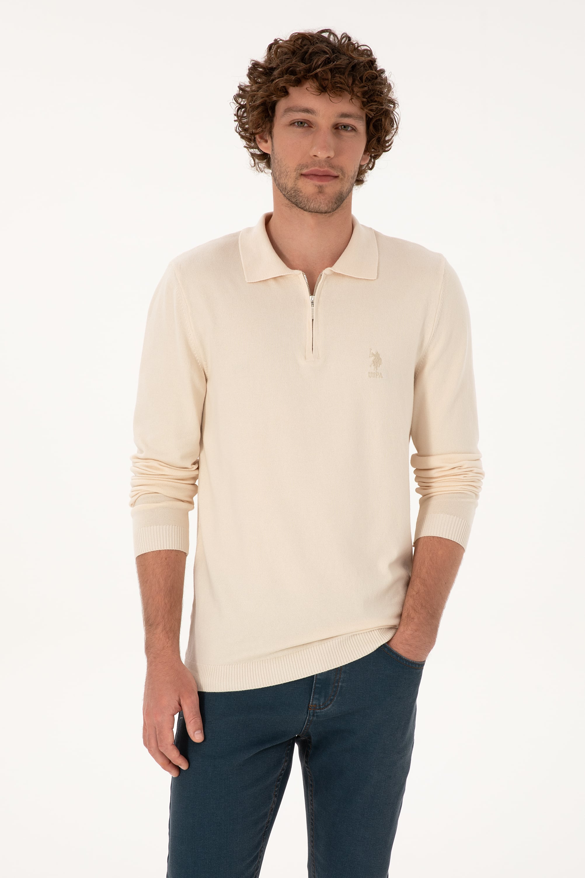 Erkek Slim Fit Yarım Fermuarlı Polo Yaka Krem Kazak