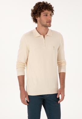 Erkek Slim Fit Fermuarlı Krem Kazak - 50308569023