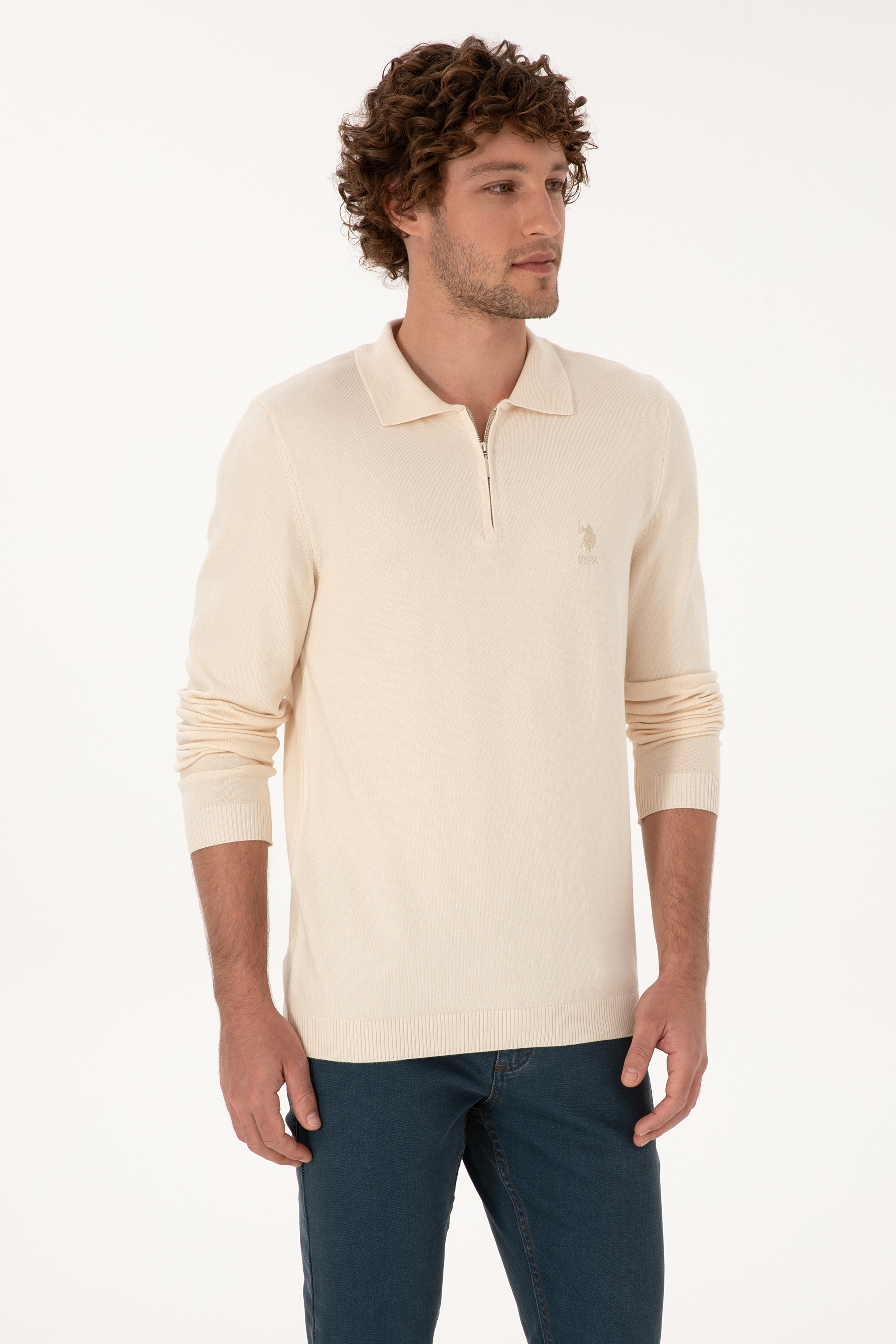 Erkek Slim Fit Yarım Fermuarlı Polo Yaka Krem Kazak - Image 3