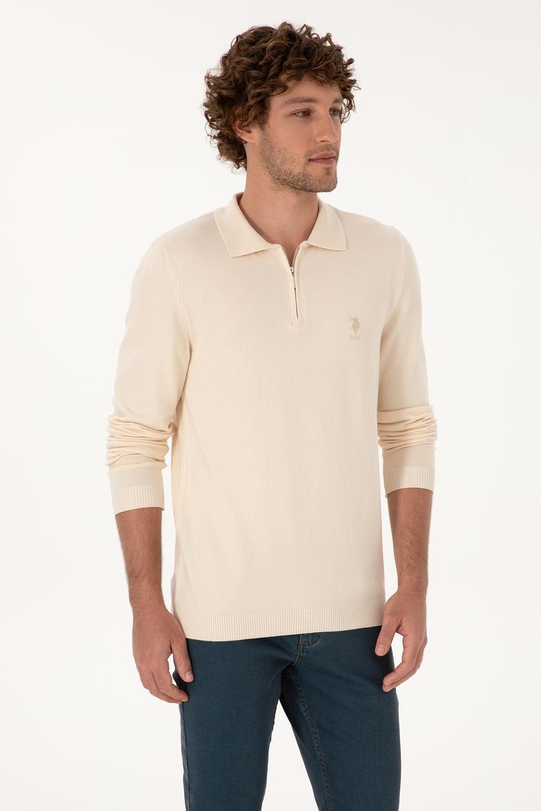 Erkek Slim Fit Fermuarlı Krem Kazak - 50308569023