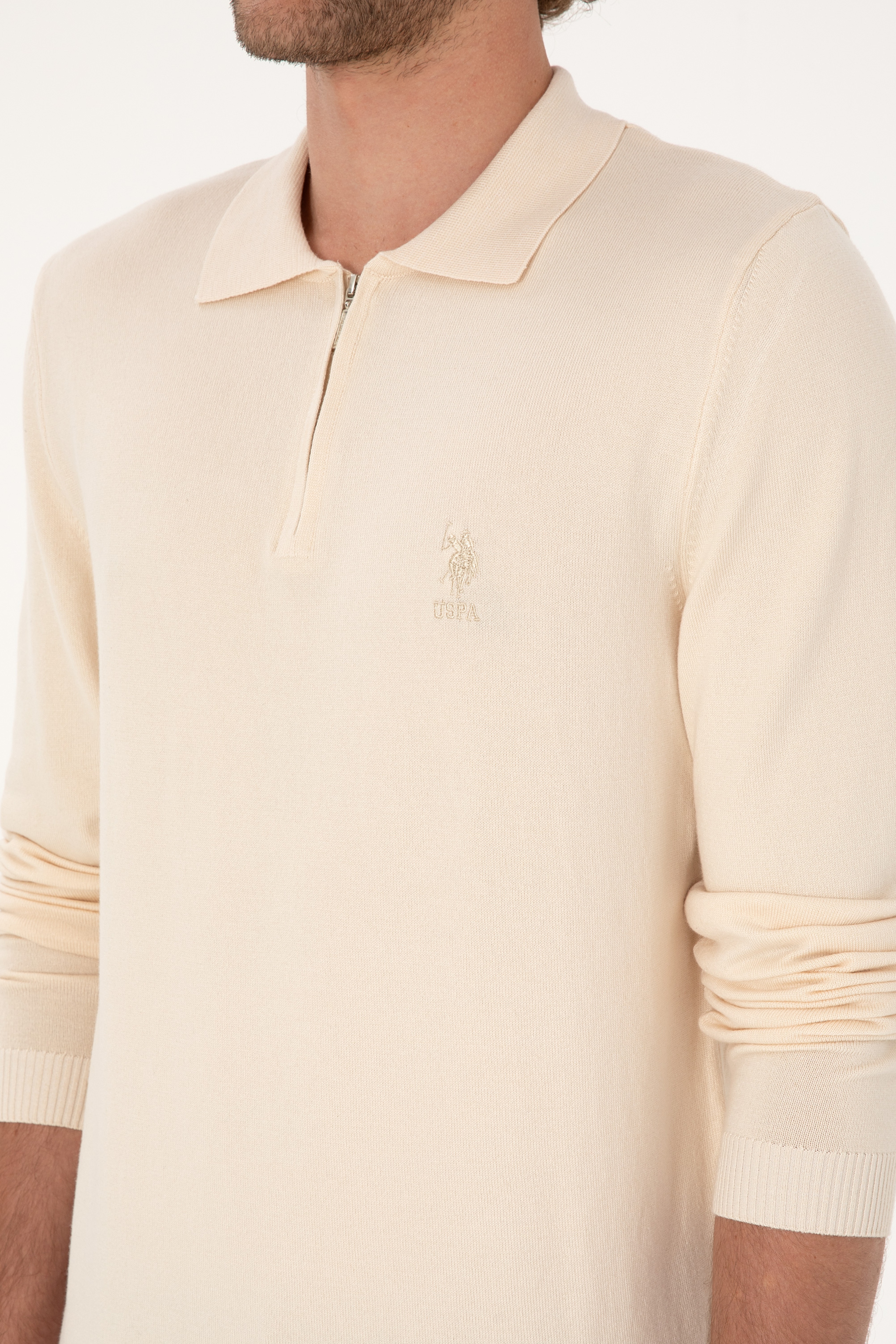 Erkek Slim Fit Yarım Fermuarlı Polo Yaka Krem Kazak - Image 7