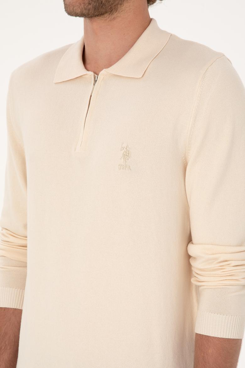 Erkek Slim Fit Fermuarlı Krem Kazak - 50308569023