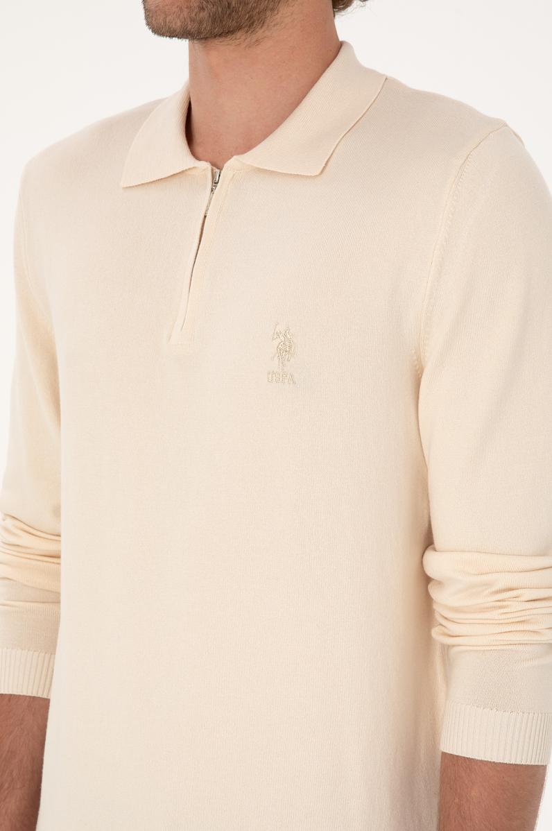 Erkek Slim Fit Fermuarlı Krem Kazak