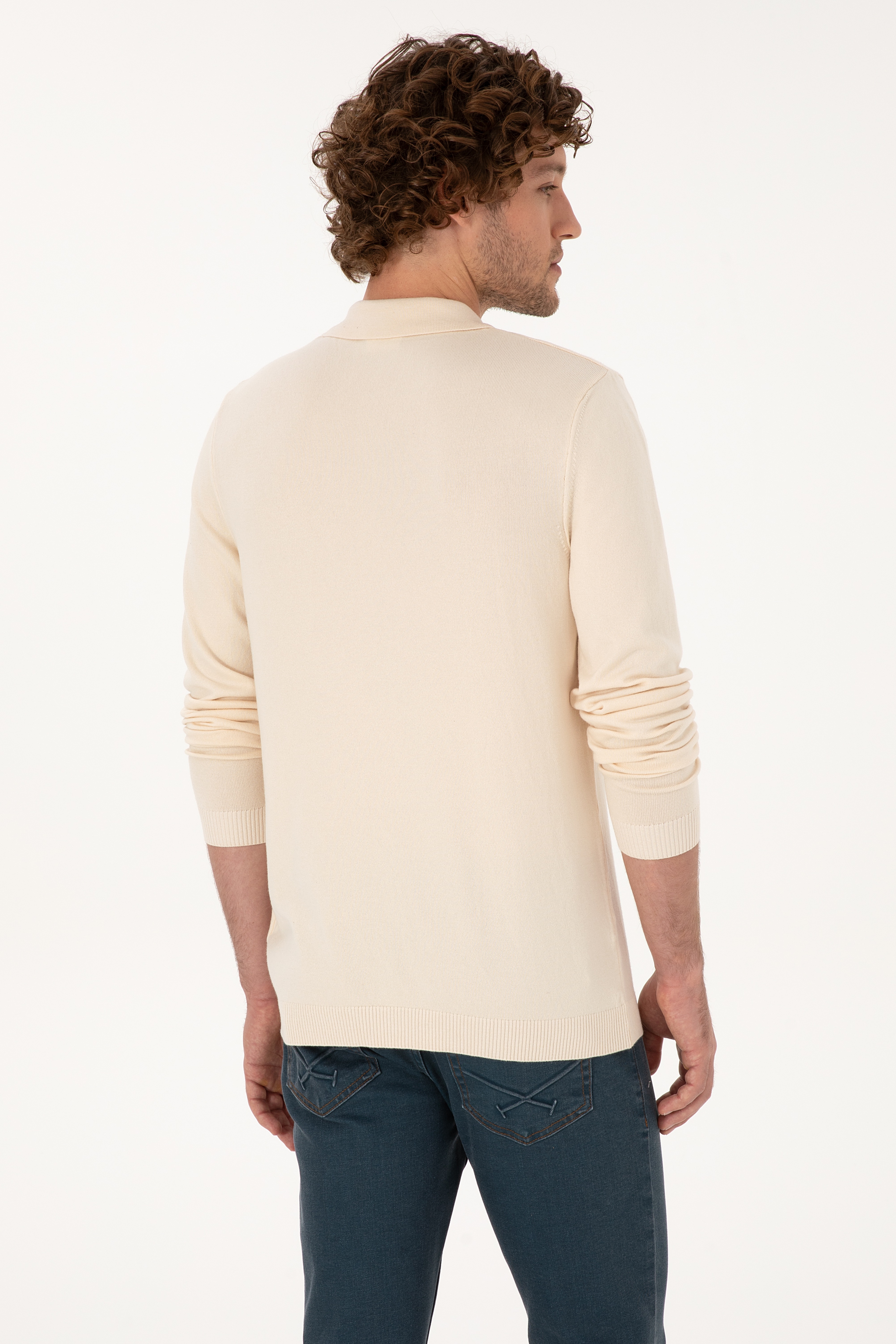 Erkek Slim Fit Yarım Fermuarlı Polo Yaka Krem Kazak - Image 5