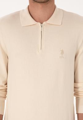 Erkek Slim Fit Fermuarlı Krem Kazak - 50308569023