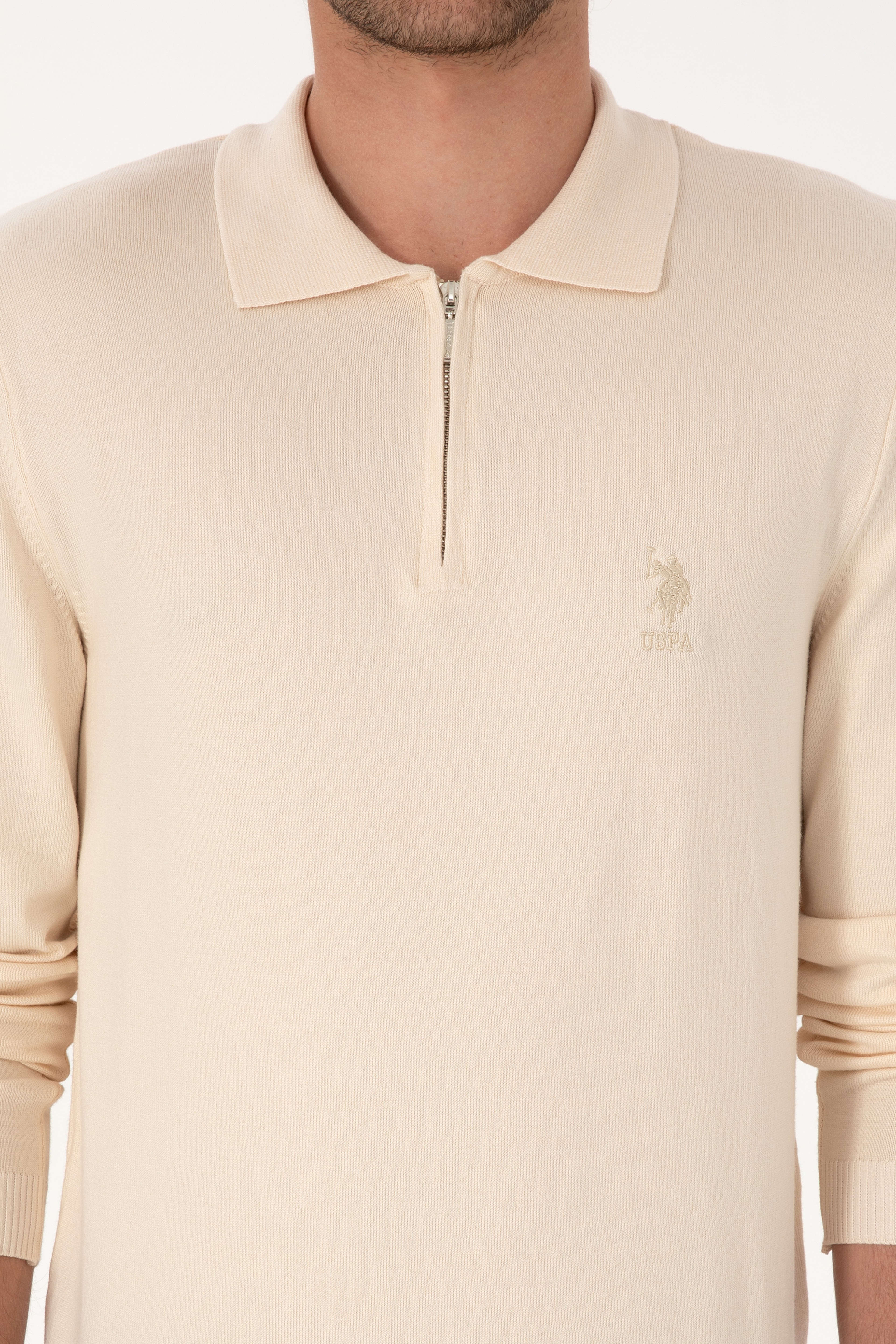 Erkek Slim Fit Yarım Fermuarlı Polo Yaka Krem Kazak - Image 6