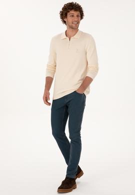 Erkek Slim Fit Fermuarlı Krem Kazak - 50308569023