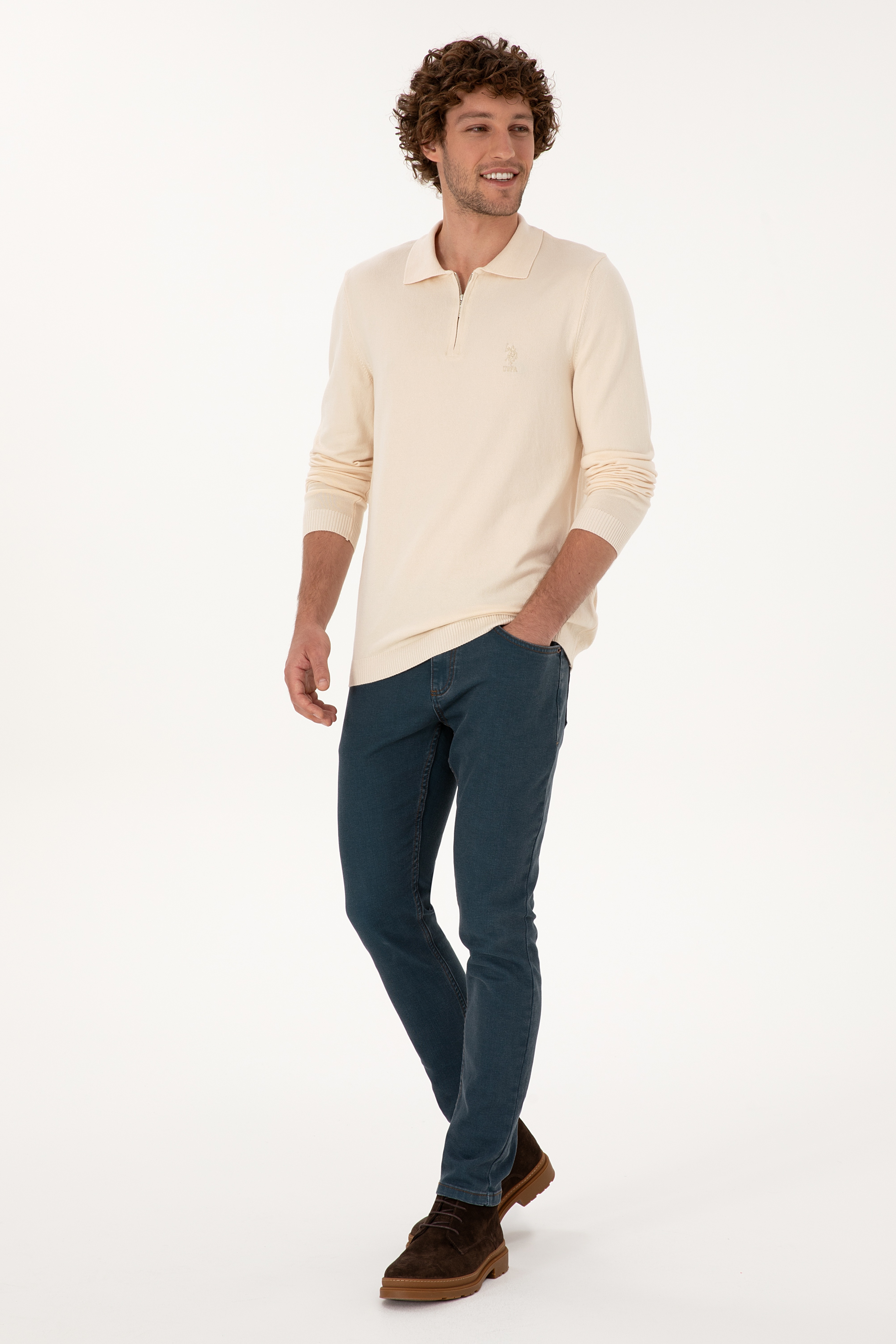 Erkek Slim Fit Yarım Fermuarlı Polo Yaka Krem Kazak