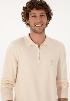 Erkek Slim Fit Fermuarlı Krem Kazak - 50308569023