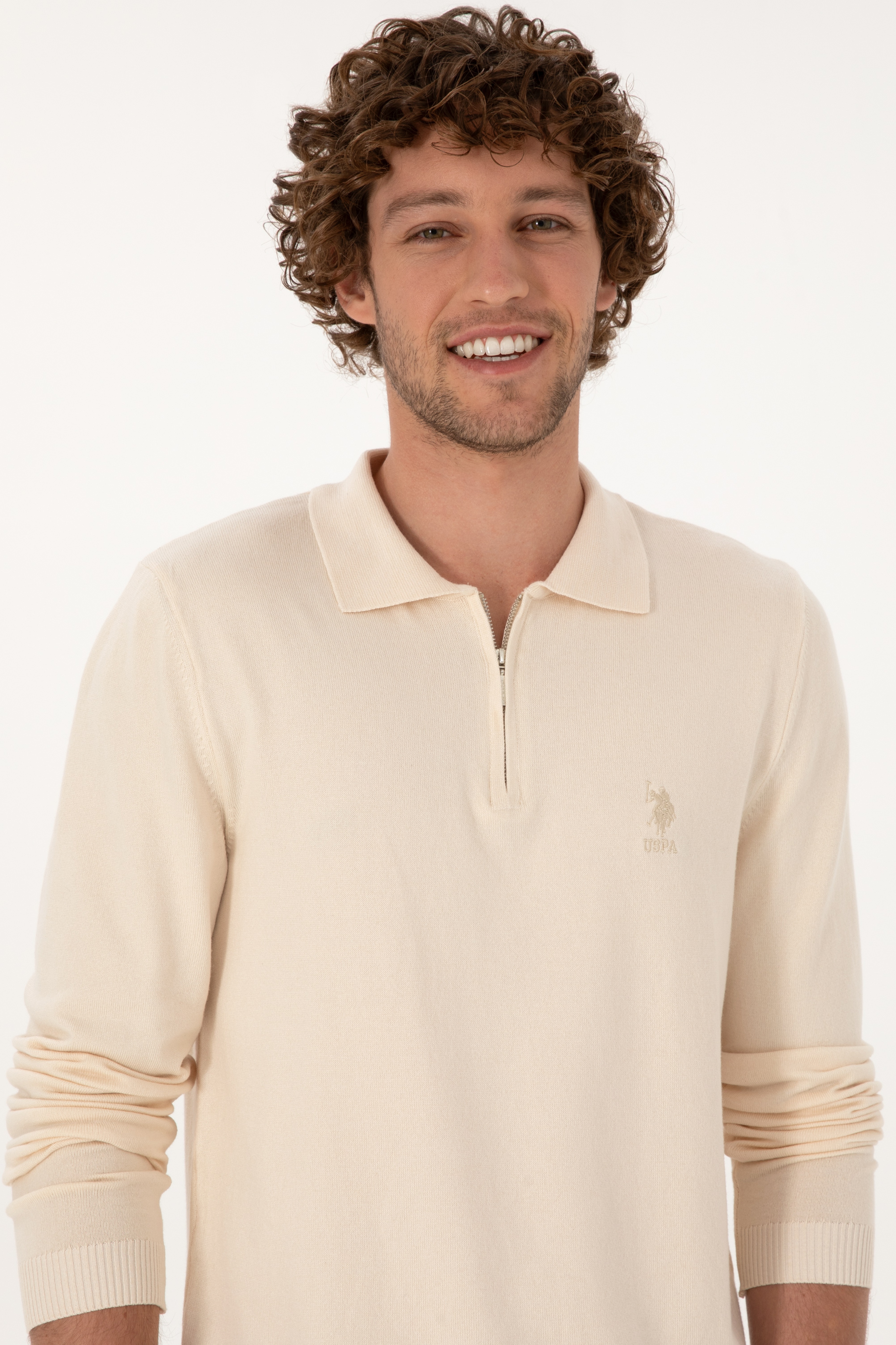 Erkek Slim Fit Yarım Fermuarlı Polo Yaka Krem Kazak - Image 2