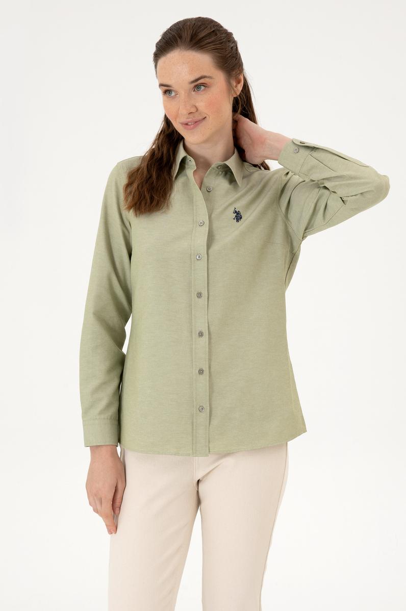Kadın Açık Haki Uzun Kollu Basic Gömlek