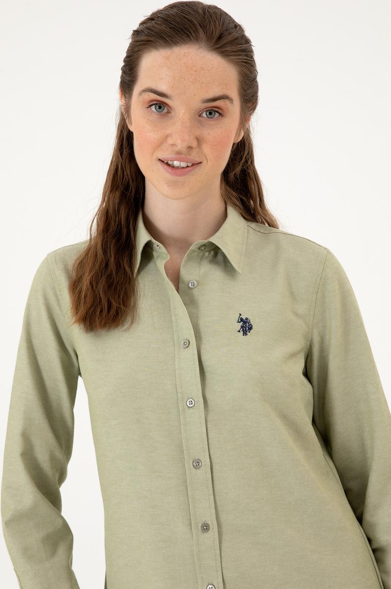 Kadın Açık Haki Uzun Kollu Basic Gömlek