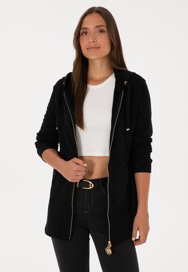 Kadın Siyah Fermuarlı Kapüşonlu Sweatshırt - 50307714013