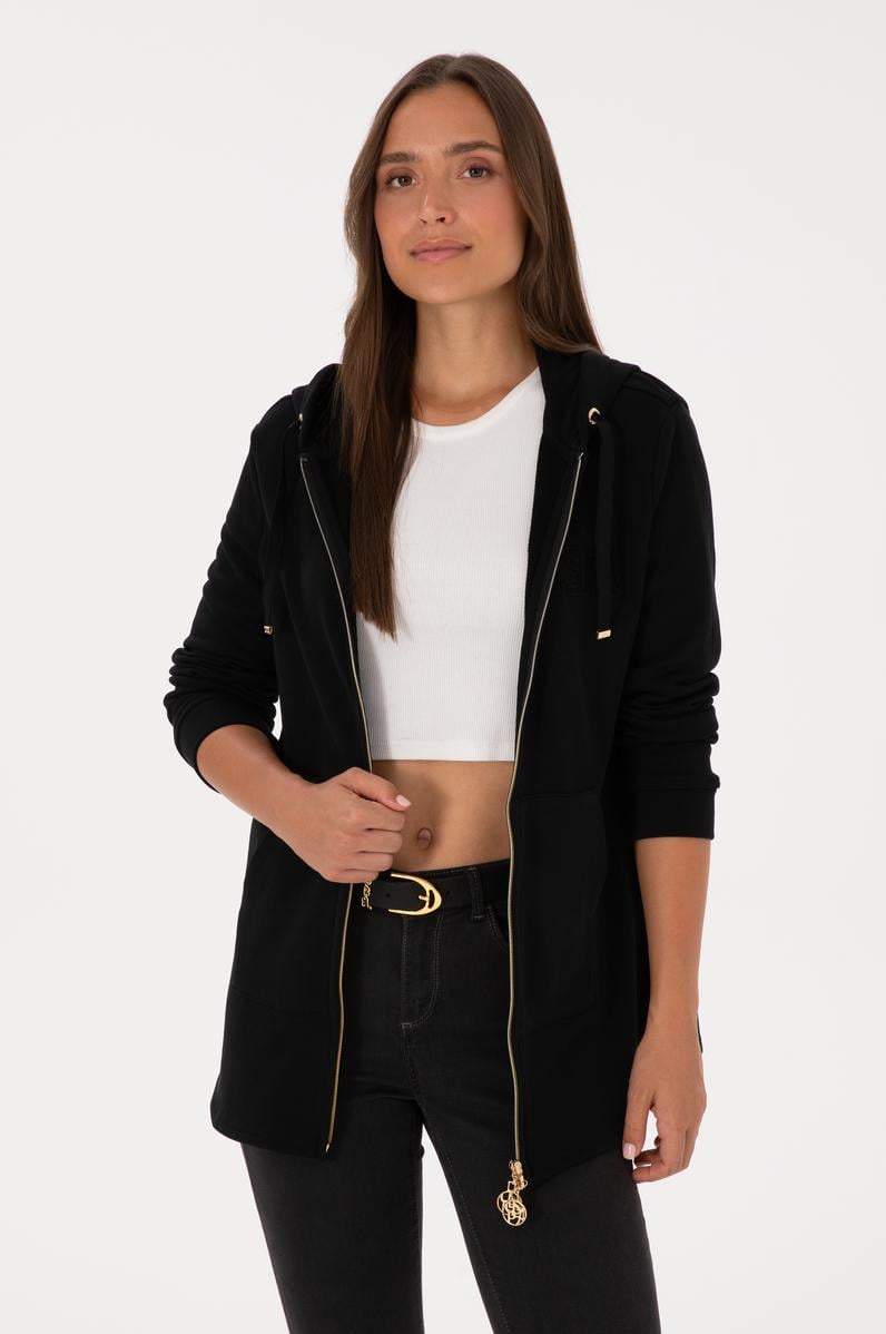 Kadın Siyah Fermuarlı Kapüşonlu Sweatshırt