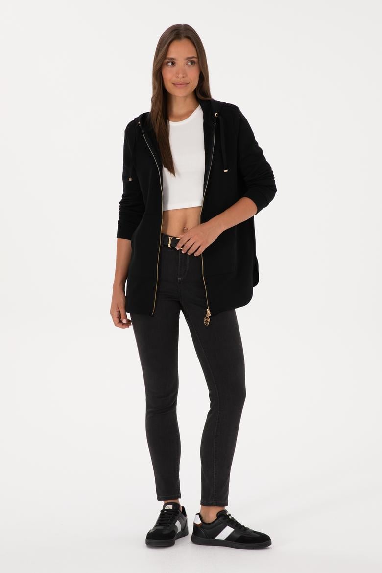 Kadın Siyah Fermuarlı Kapüşonlu Sweatshırt - 50307714013