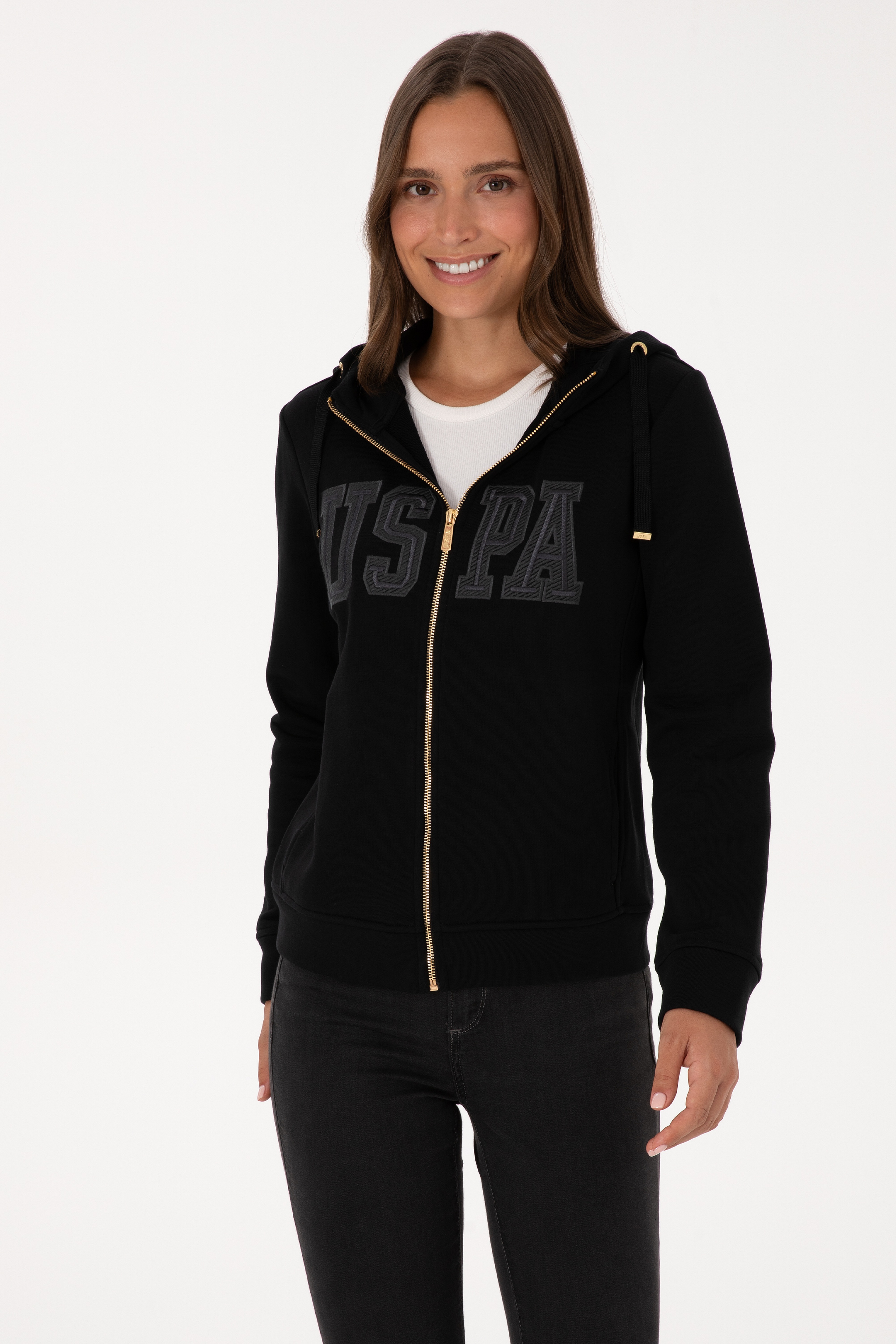 Kadın Siyah Fermuarlı Kapüşonlu Basic Sweatshirt - Image 3