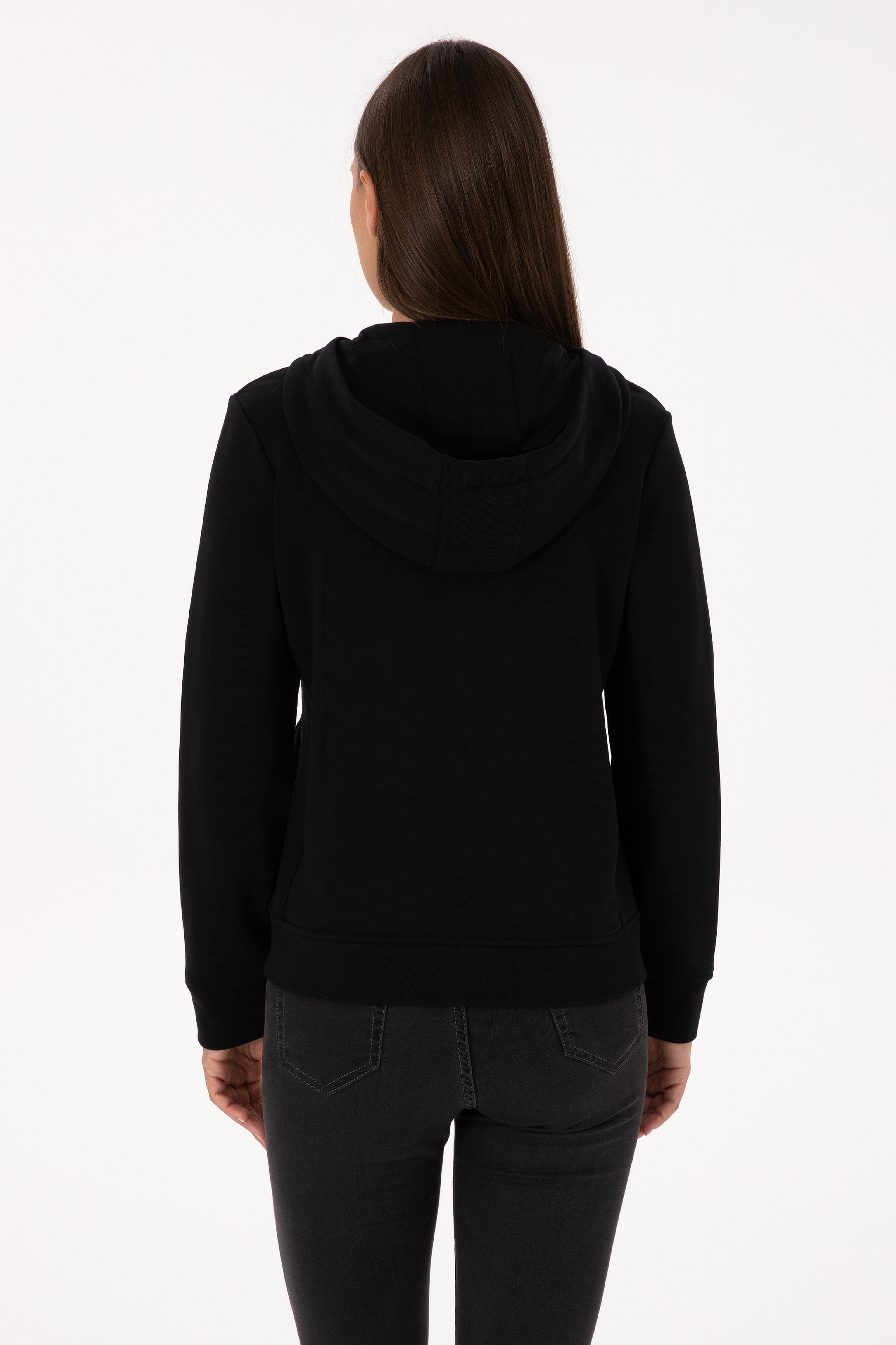 Kadın Siyah Fermuarlı Kapüşonlu Basic Sweatshirt - Image 5