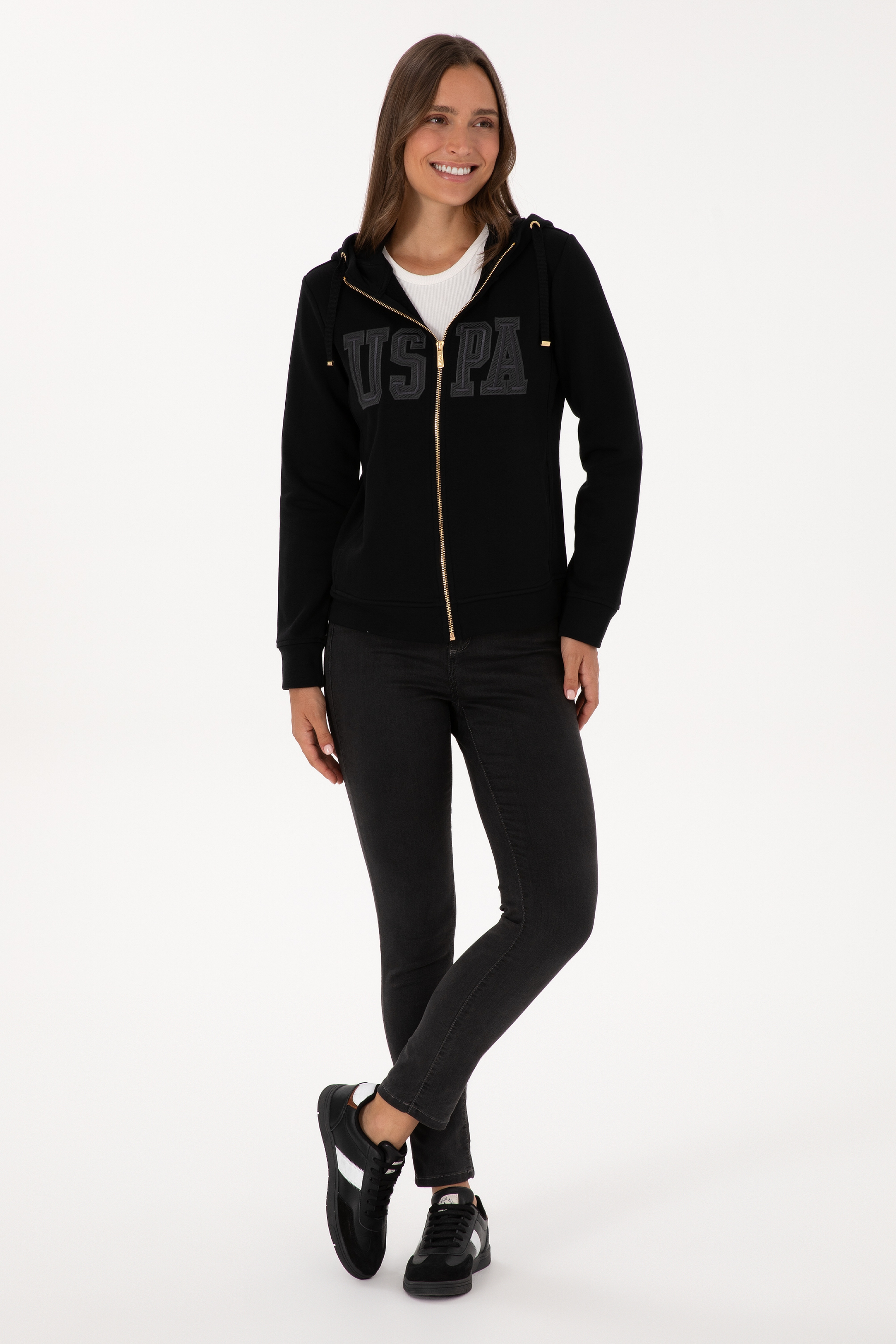 Kadın Siyah Fermuarlı Kapüşonlu Basic Sweatshirt - Image 4