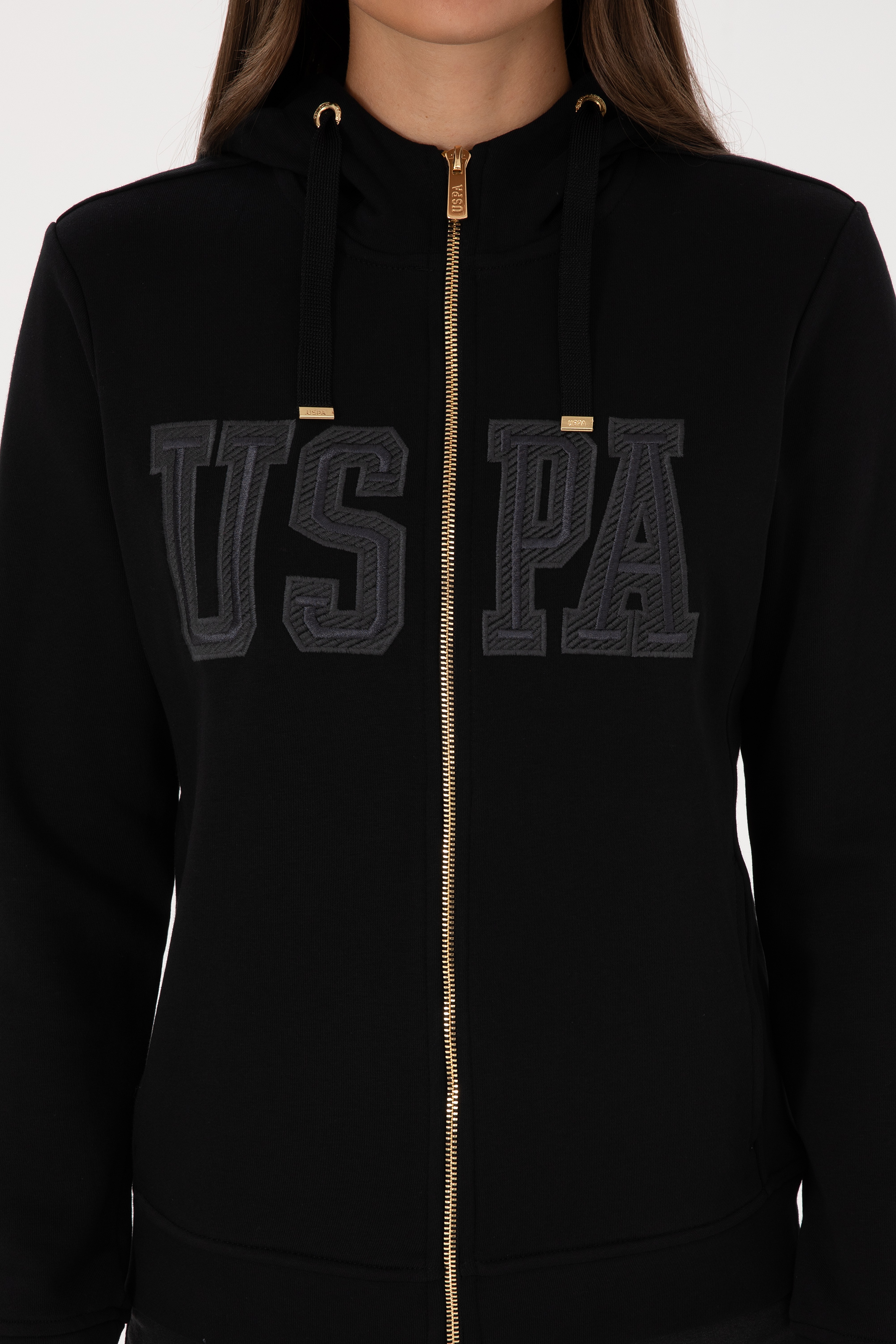 Kadın Siyah Fermuarlı Kapüşonlu Basic Sweatshirt - Image 6