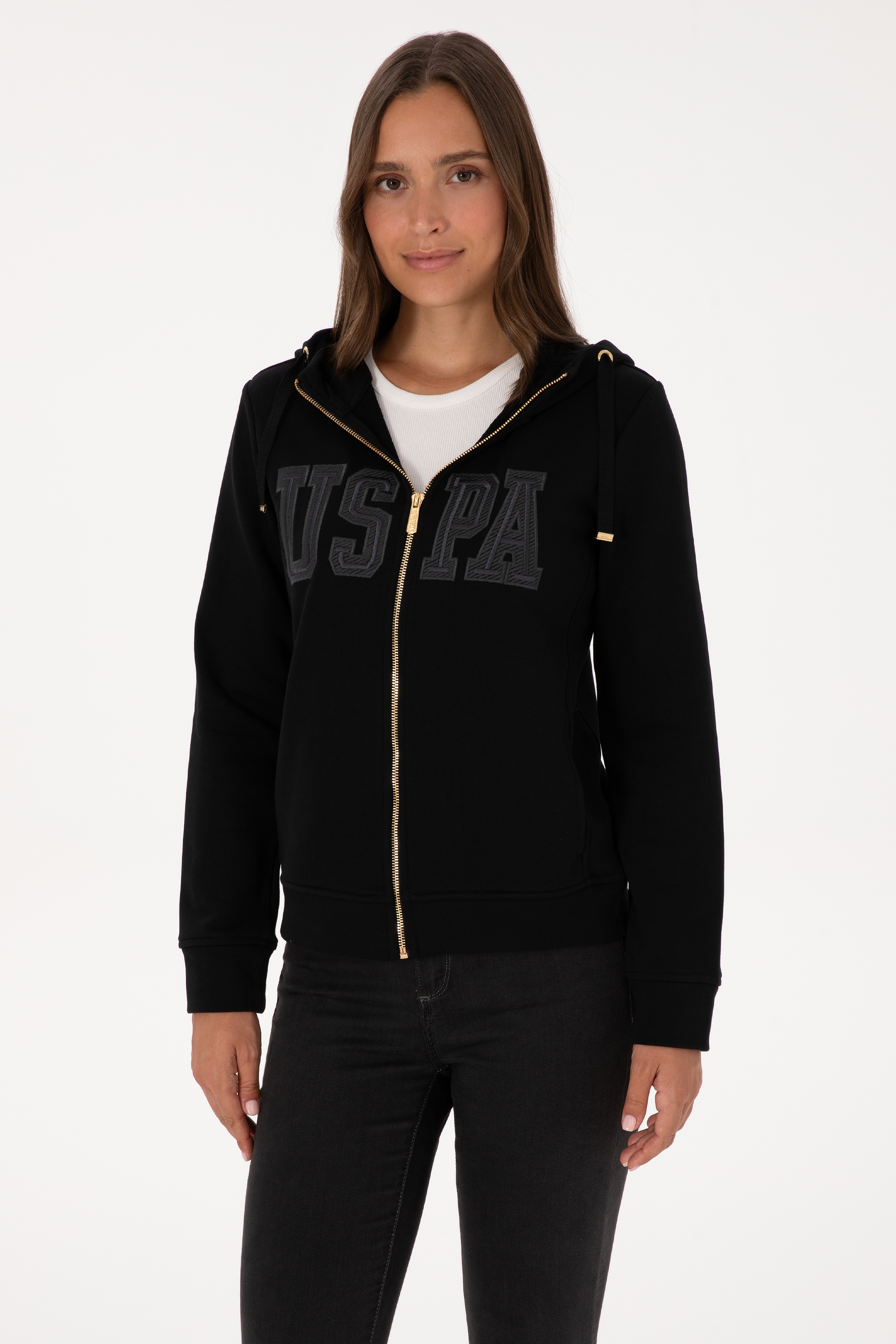 Kadın Siyah Fermuarlı Kapüşonlu Basic Sweatshirt - Image 1
