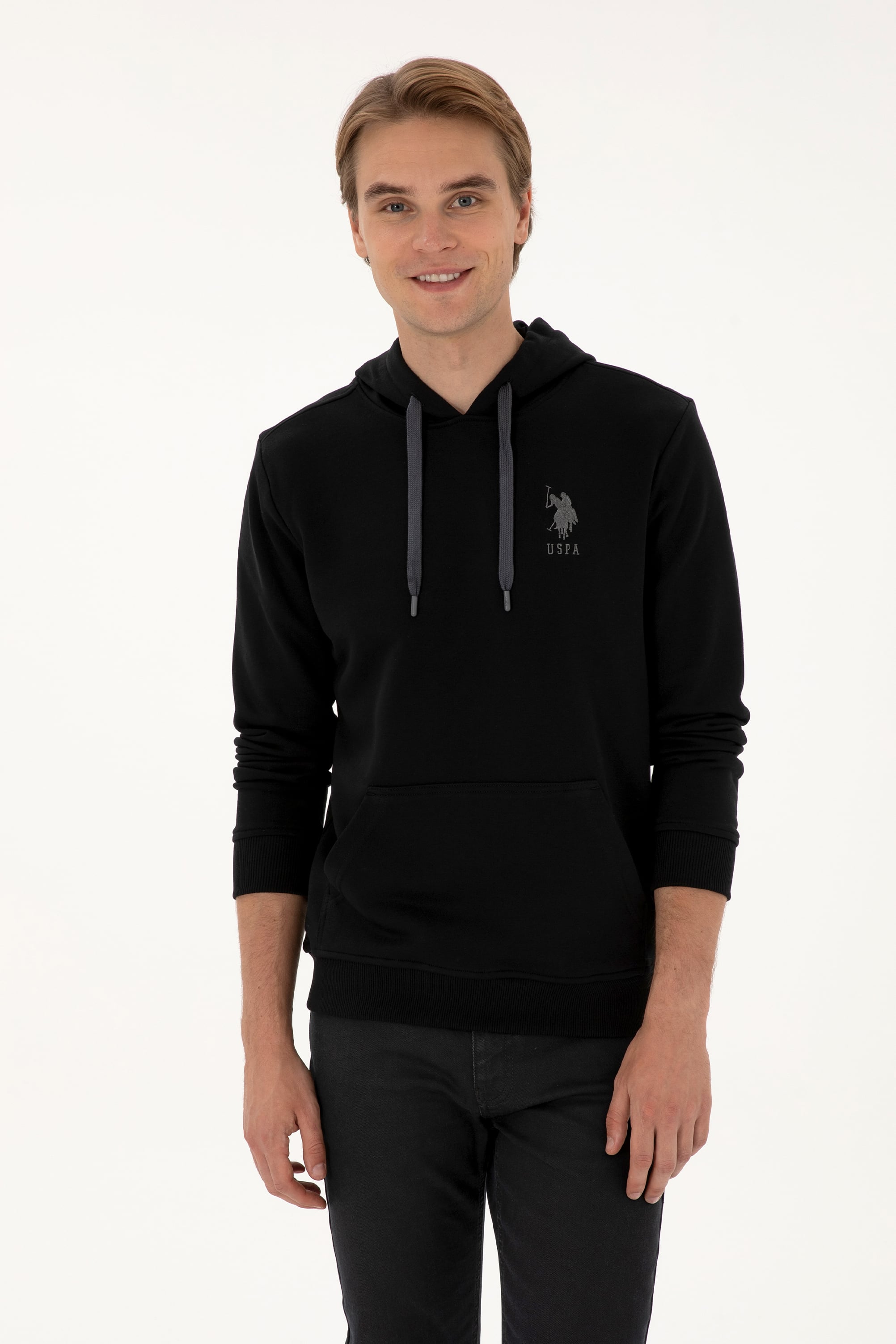 Erkek Regular Fit Kapüşonlu Siyah Basic Sweatshirt - Image 1