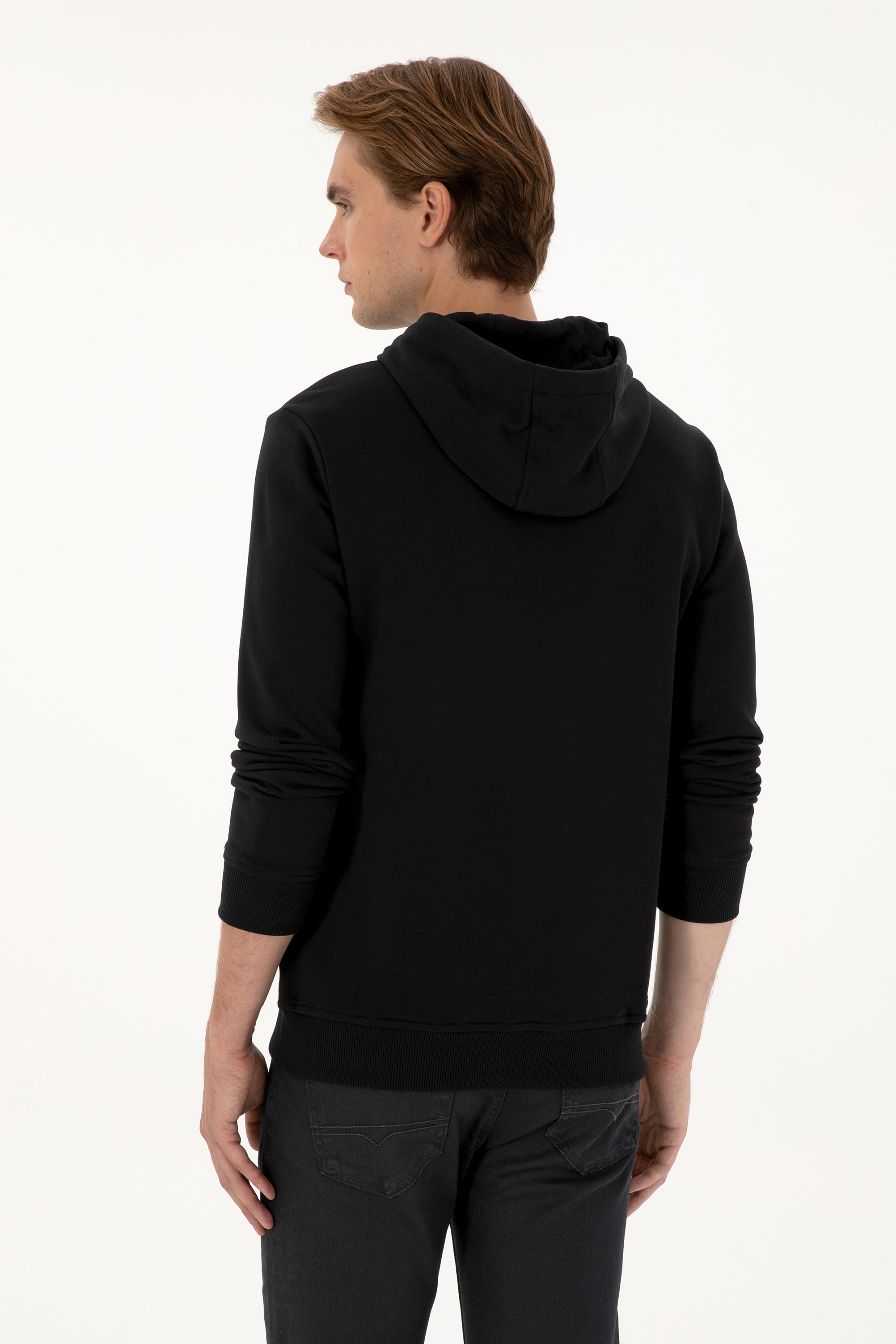 Erkek Regular Fit Kapüşonlu Siyah Basic Sweatshirt - Image 5