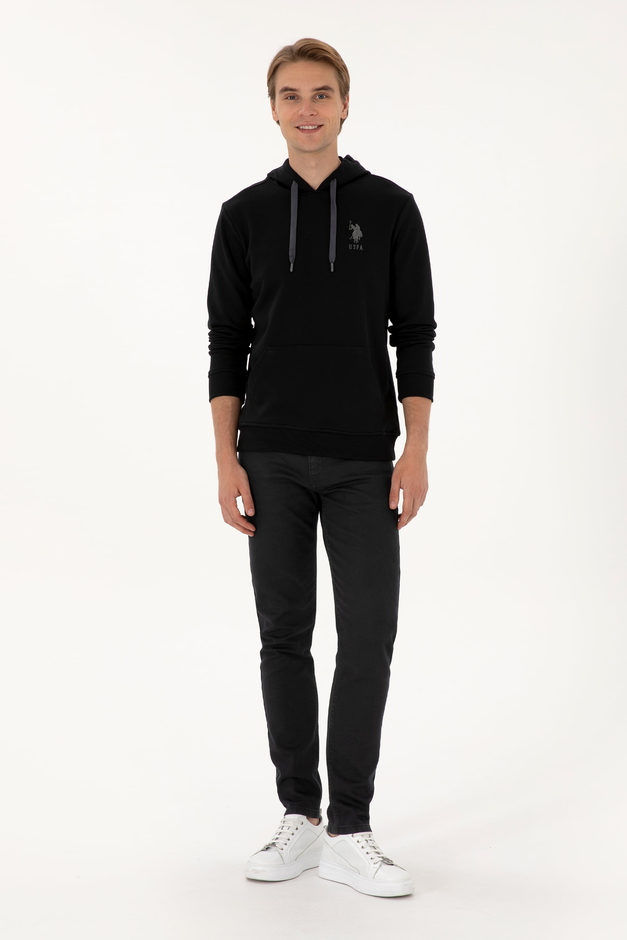 Erkek Regular Fit Kapüşonlu Siyah Basic Sweatshirt