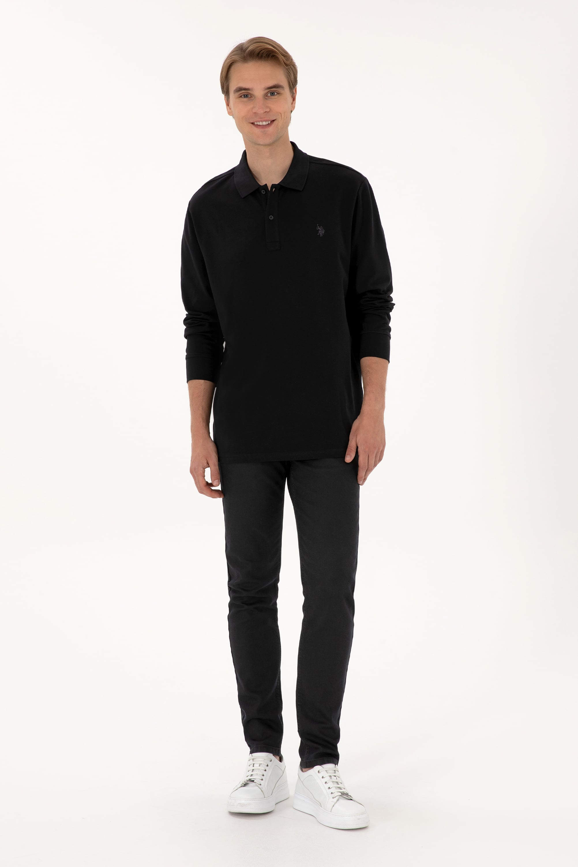 Erkek Regular Fit Polo Yaka Siyah Basic Sweatshirt - Image 4