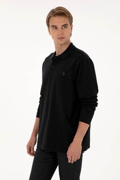 Erkek Regular Fit Polo Yaka Siyah Basic Sweatshirt