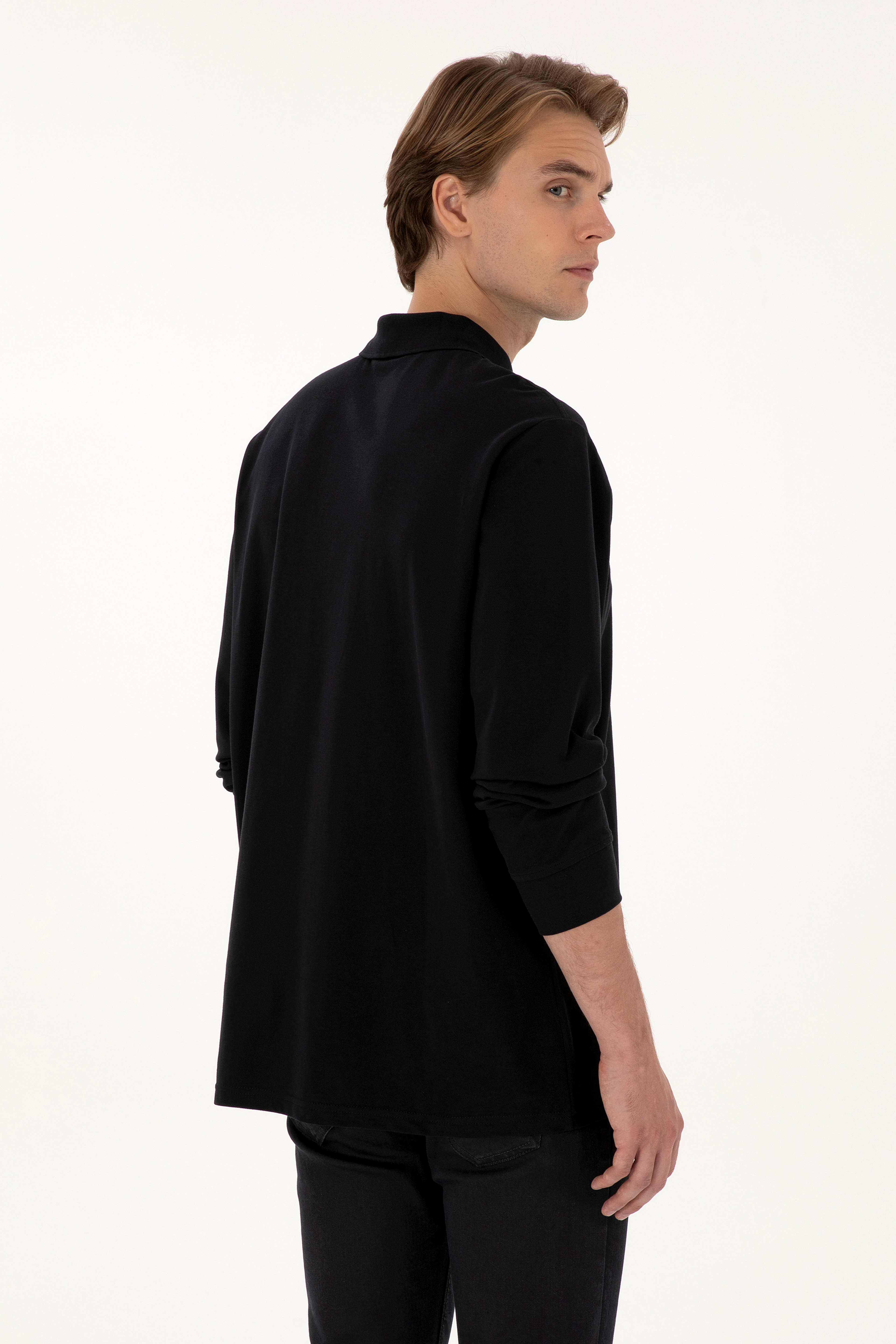 Erkek Regular Fit Polo Yaka Siyah Basic Sweatshirt